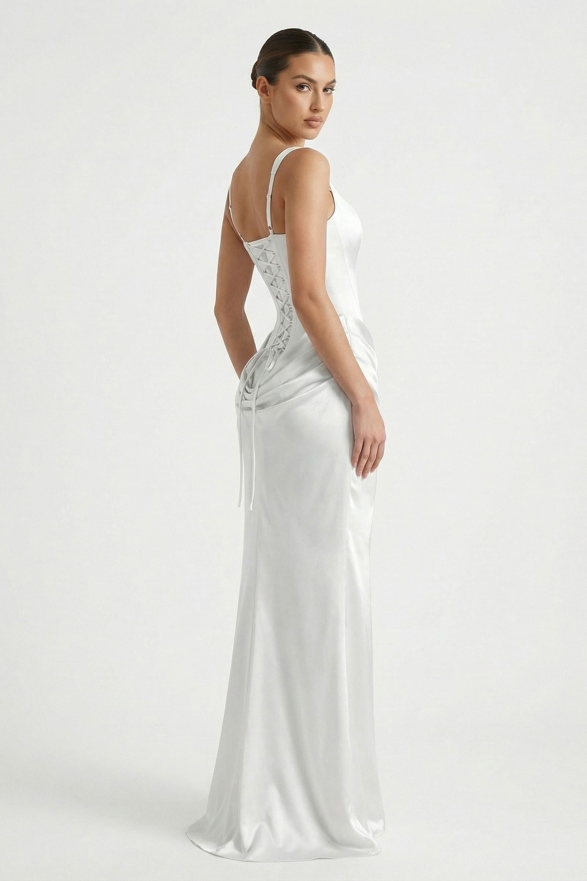 White Lace-up Satin Maxi Dress - Dress