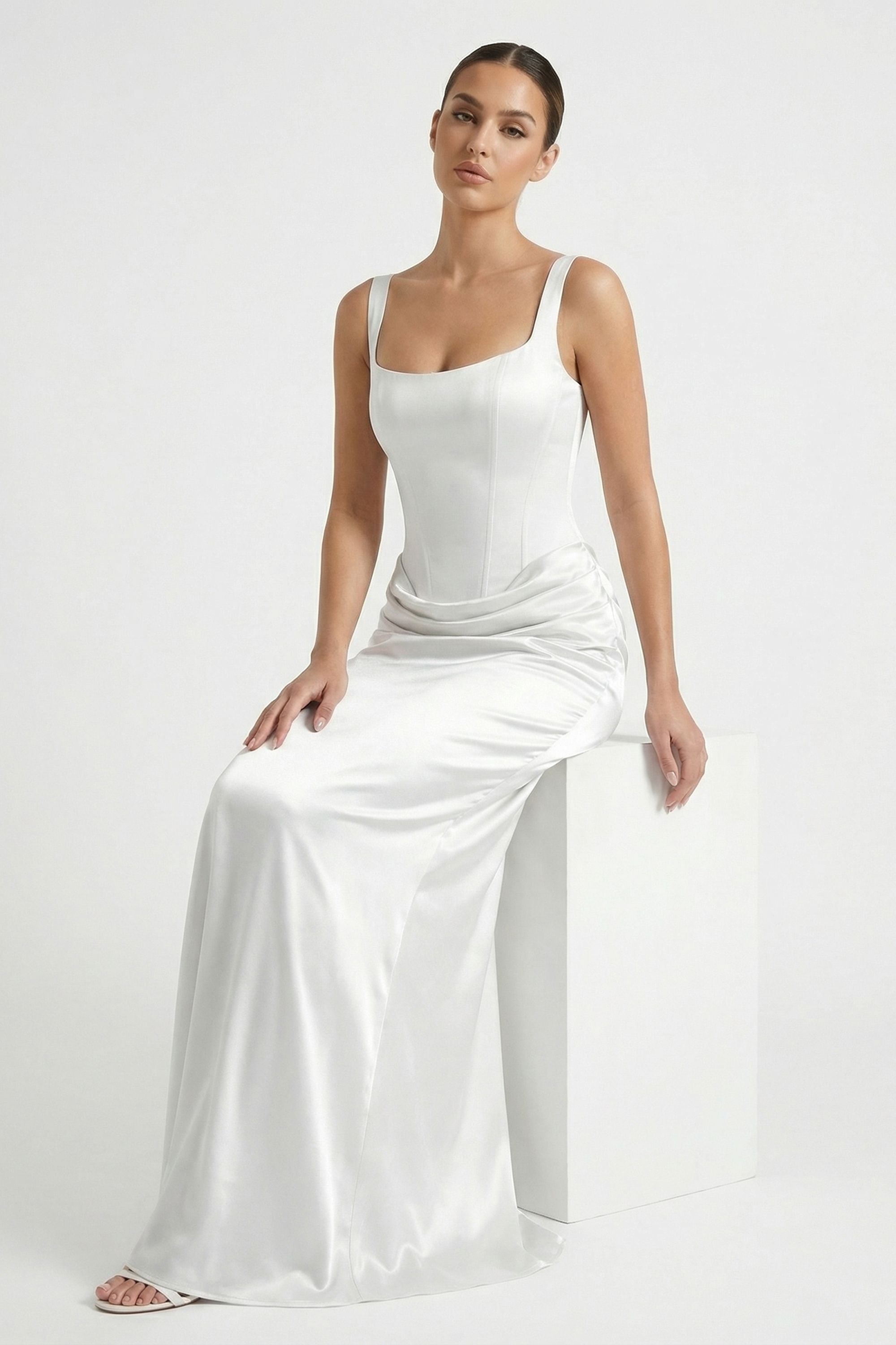 White Lace-up Satin Maxi Dress - Dress