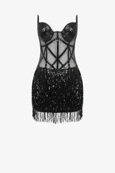Black Sequin Fringe Mesh Corset Dress