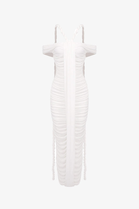 White Off The Shoulder Ruched Maxi Dress