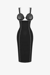 Black 3D Floral Applique Midi Dress