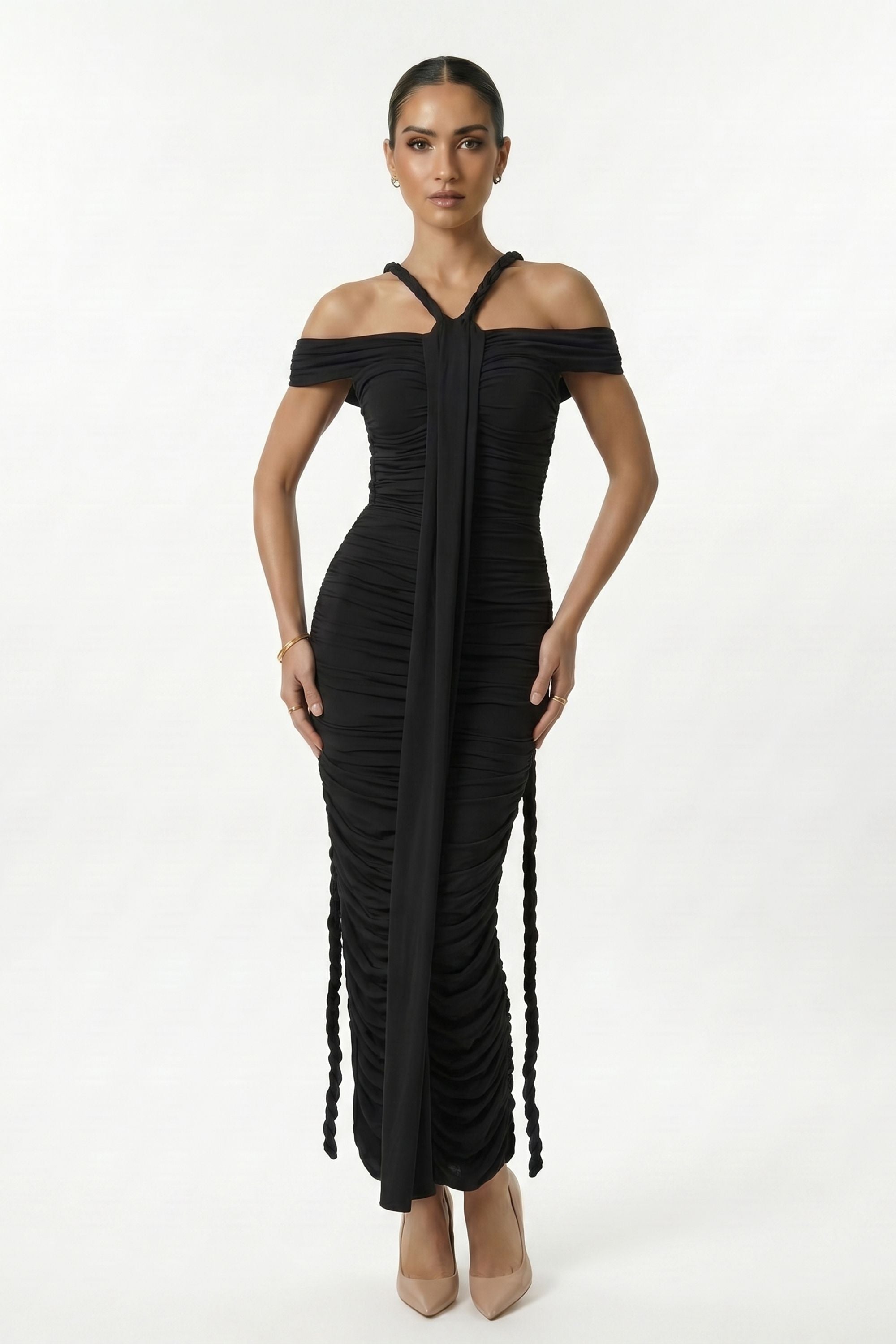 Black Bardot Bodycon Maxi Dress - Black / Dress