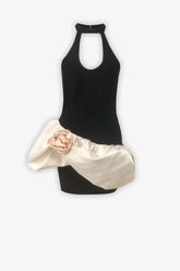 Black Contrast Halter Floral Bubble Mini Dress Dress