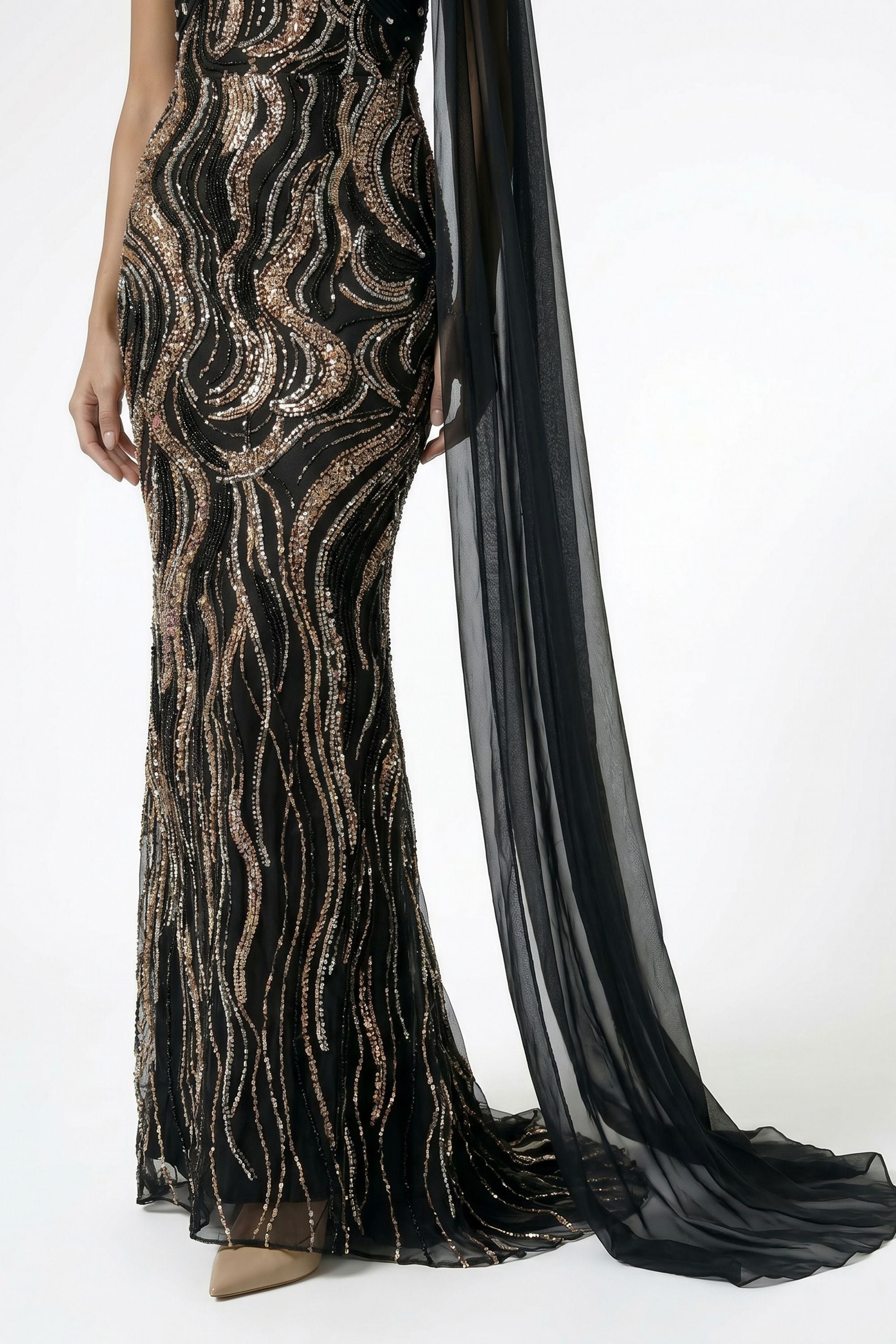 Black Draped Cape One Shoulder Sequin Maxi Dress - Dress