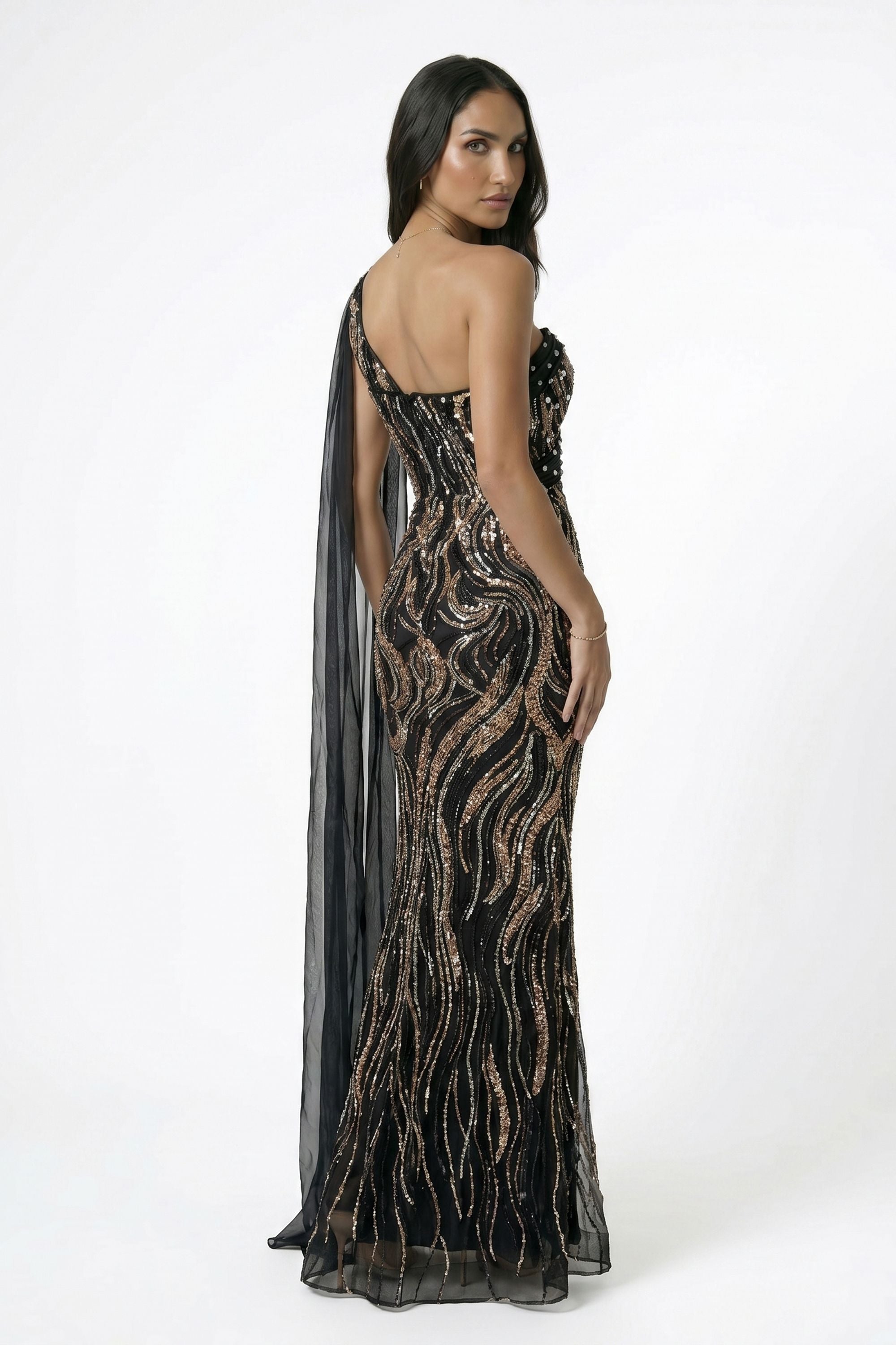 Black Draped Cape One Shoulder Sequin Maxi Dress - Dress