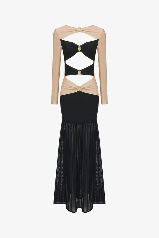 Black & Gold Cutout Long Sleeve Mermaid Dress