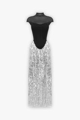 Black Mesh Corset And Silver Sequin Skirt Two Piece Dress Dress