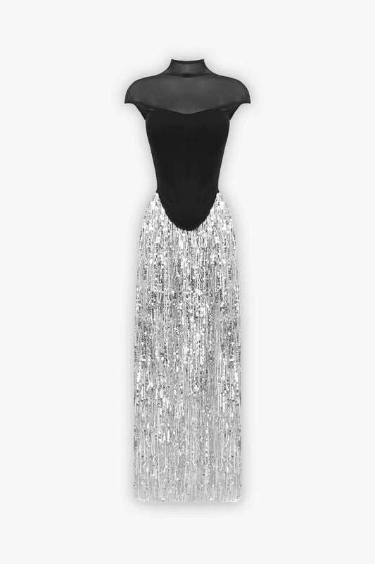 Black Mesh Corset And Silver Sequin Skirt Two Piece Dress Dress