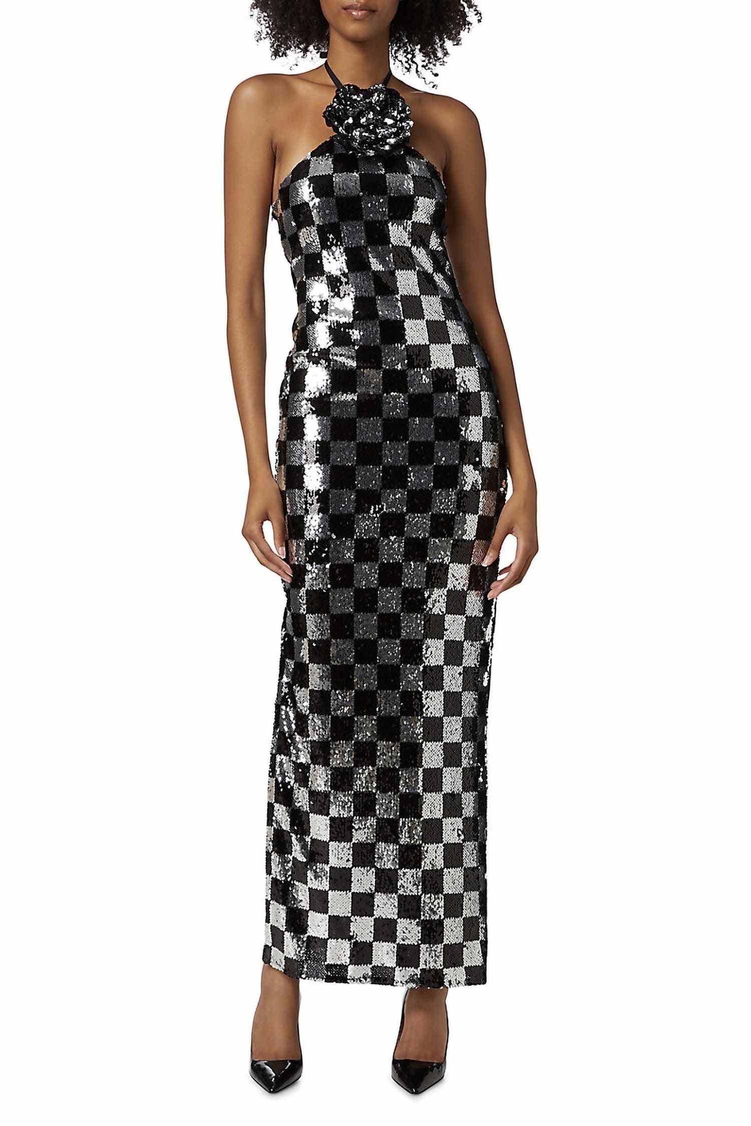 Black & Silver Sequin Halter Checkerboard Maxi Dress Dress