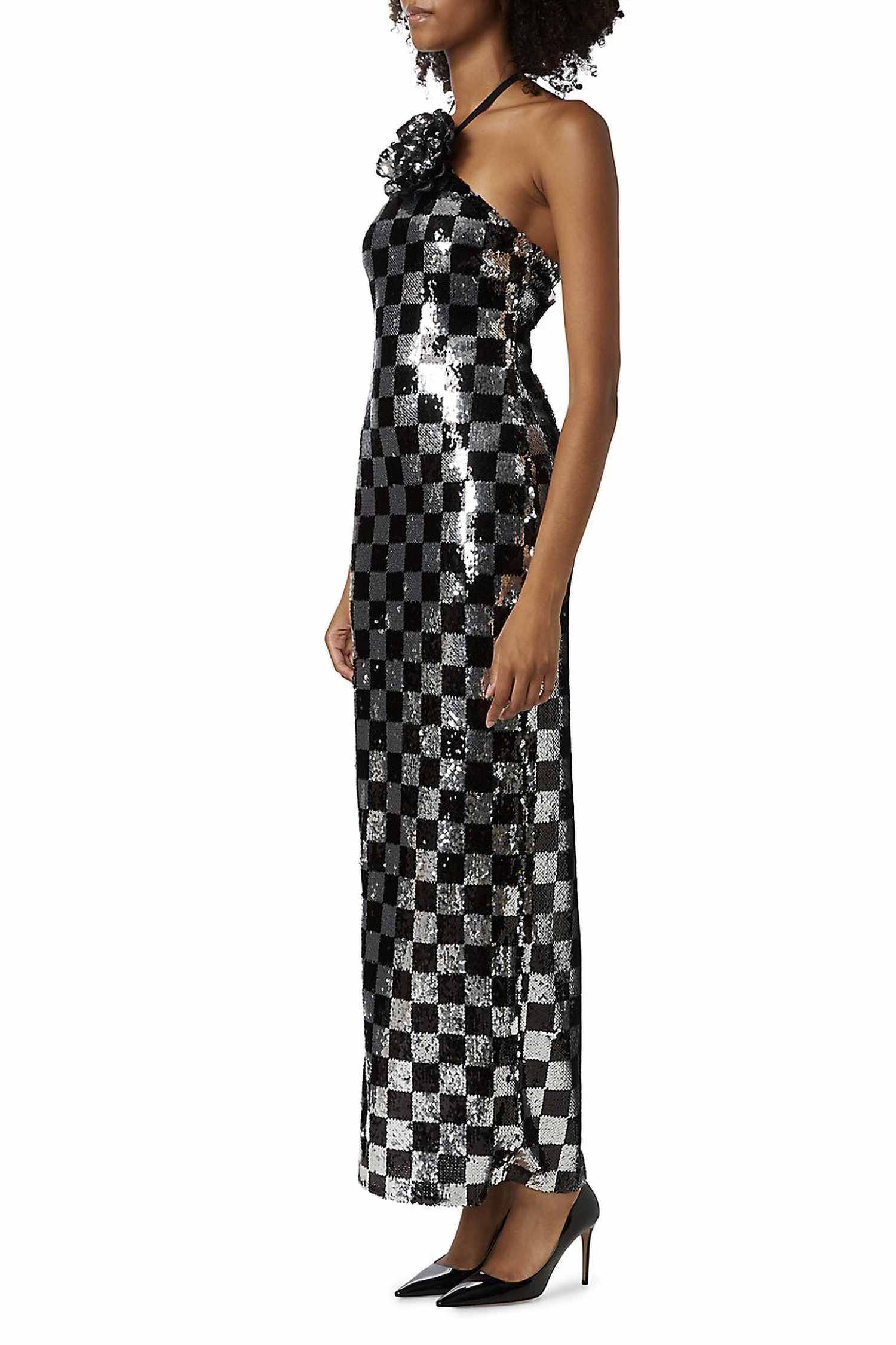 Black & Silver Sequin Halter Checkerboard Maxi Dress Dress