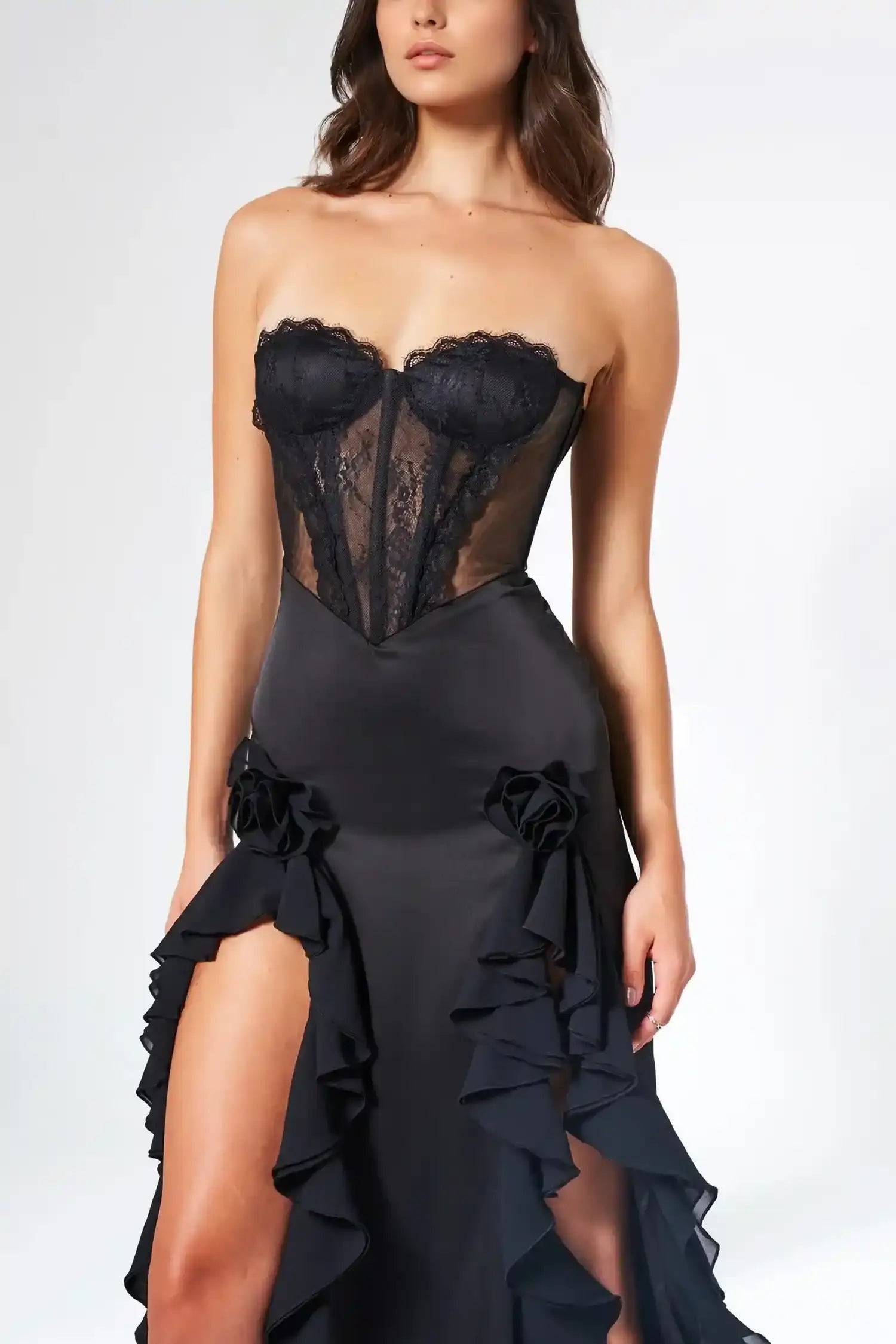 Black Strapless Corset Ruffle Maxi Dress Dress