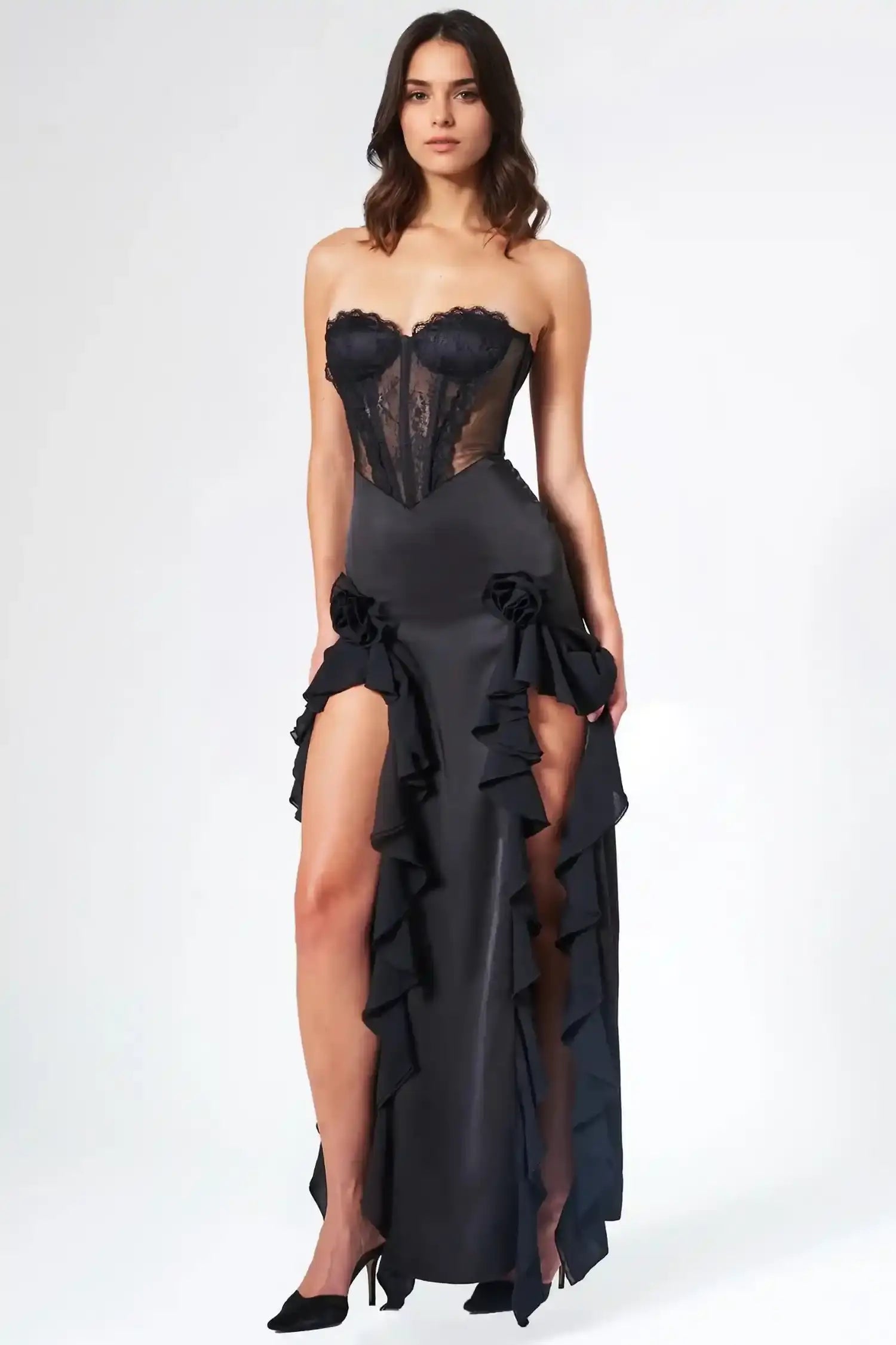 Black Strapless Corset Ruffle Maxi Dress Dress