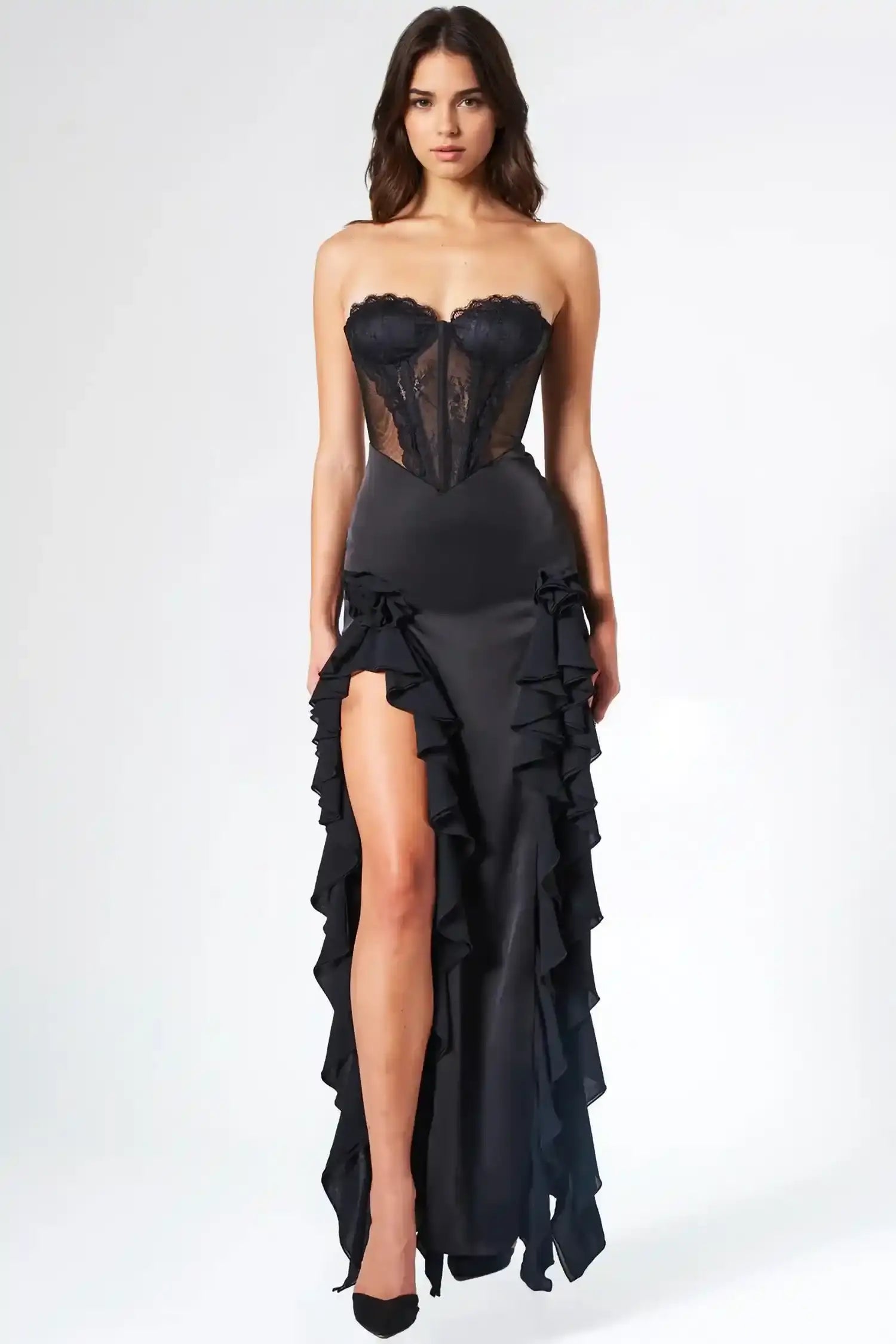 Black Strapless Corset Ruffle Maxi Dress Dress