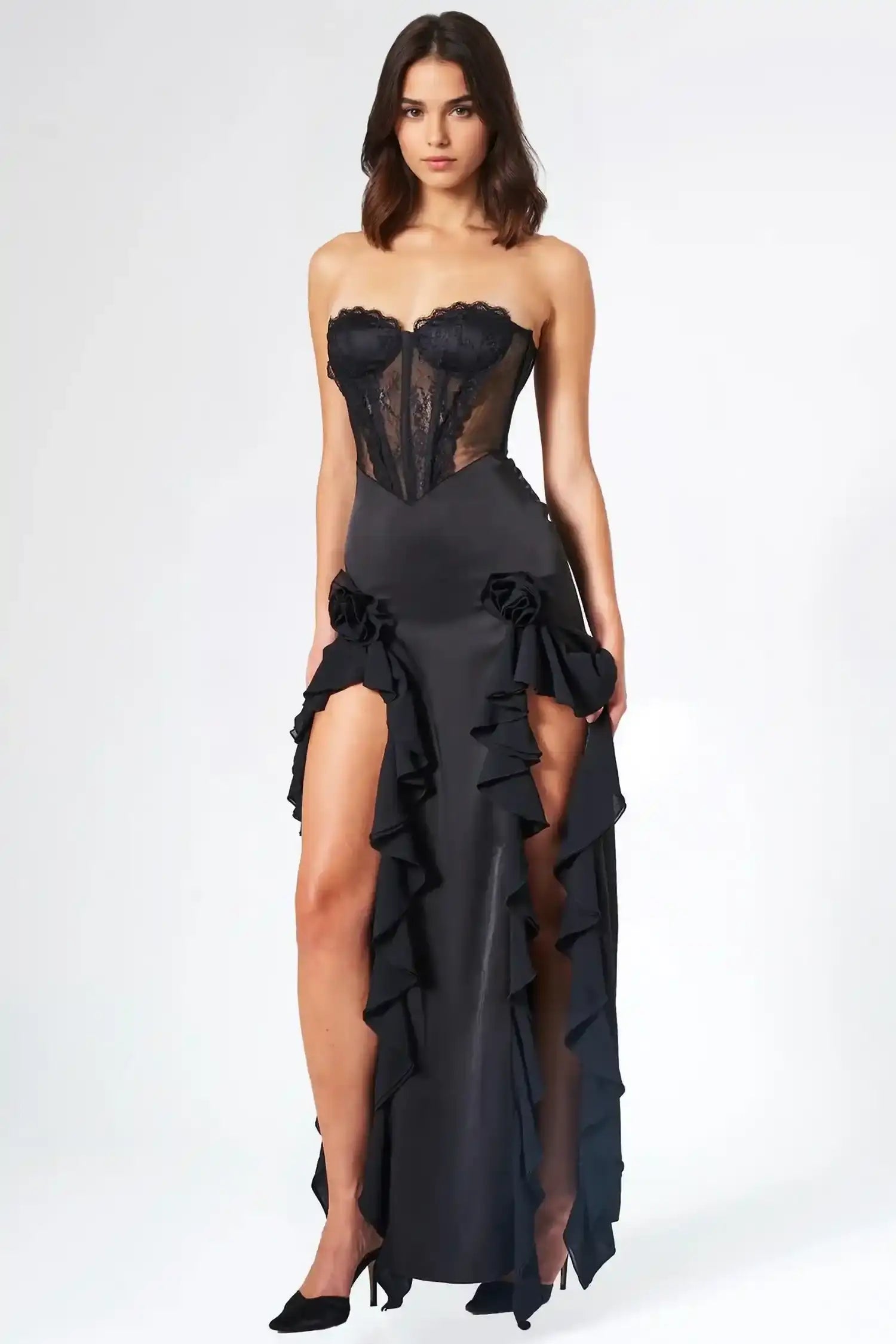 Black Strapless Corset Ruffle Maxi Dress Dress