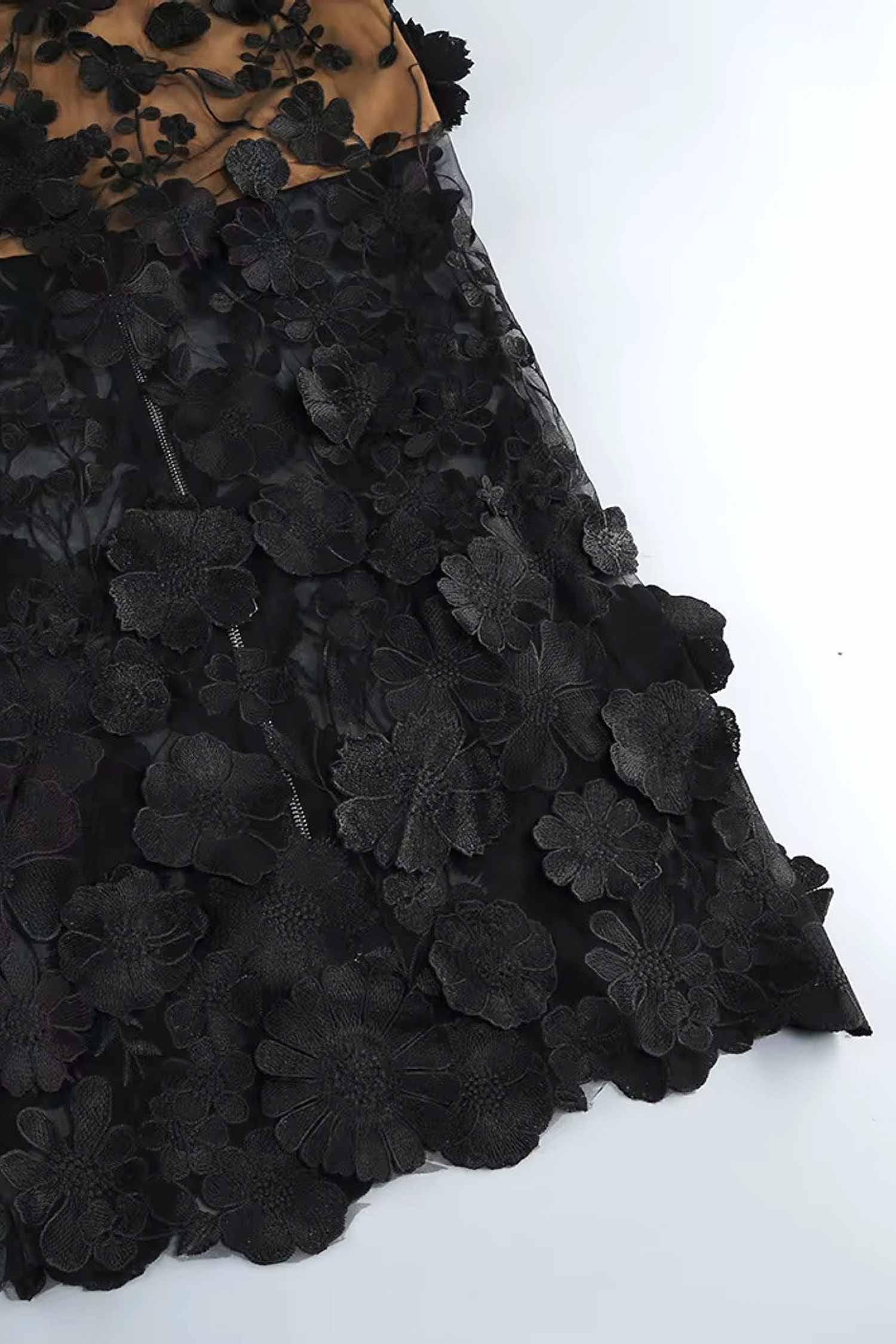 Black Strapless Tulle Floral Maxi Dress Dress