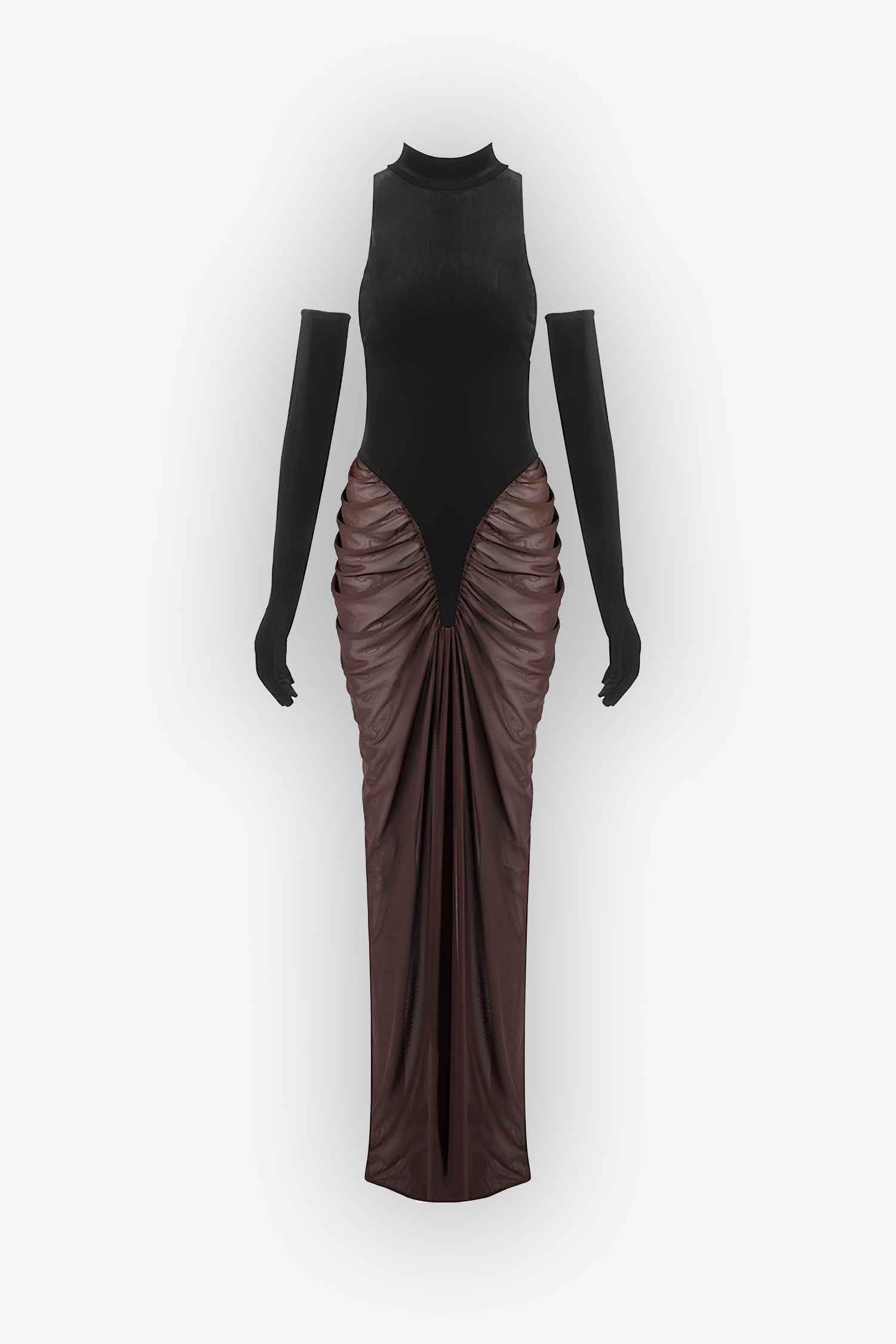 Black Velvet and Brown Mesh Ruched Maxi Dress Dress