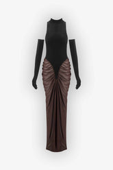 Black Velvet and Brown Mesh Ruched Maxi Dress Dress