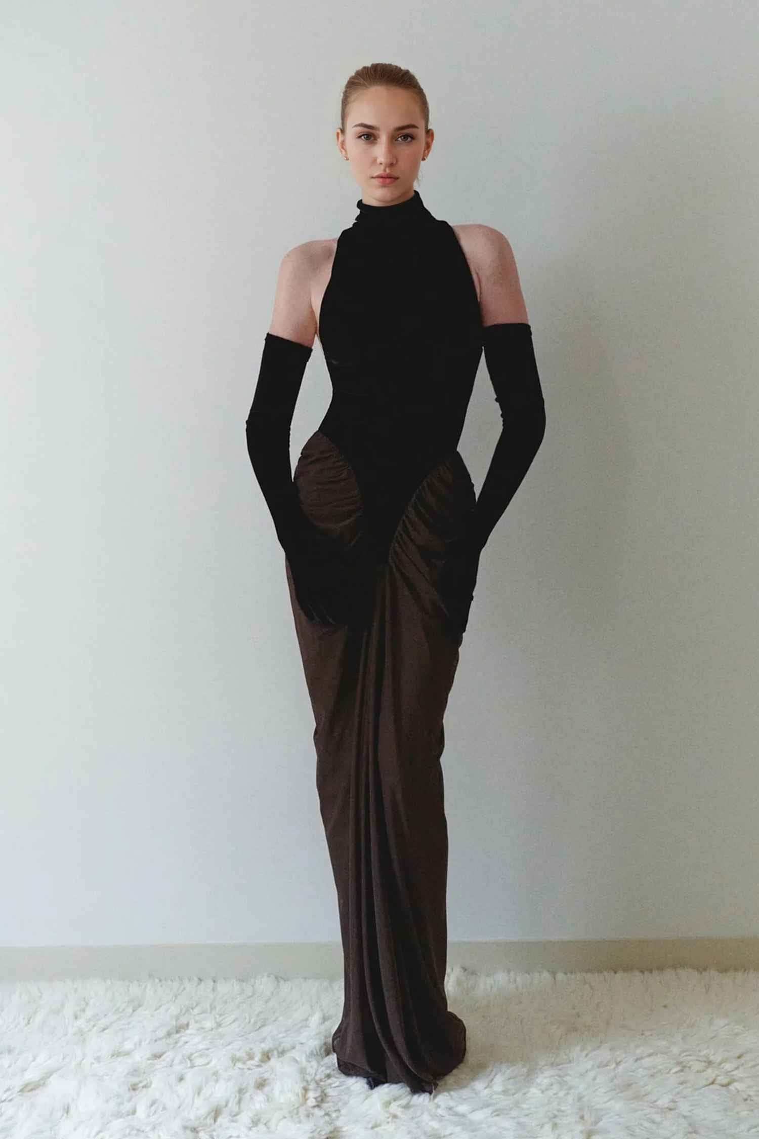 Black Velvet and Brown Mesh Ruched Maxi Dress Dress