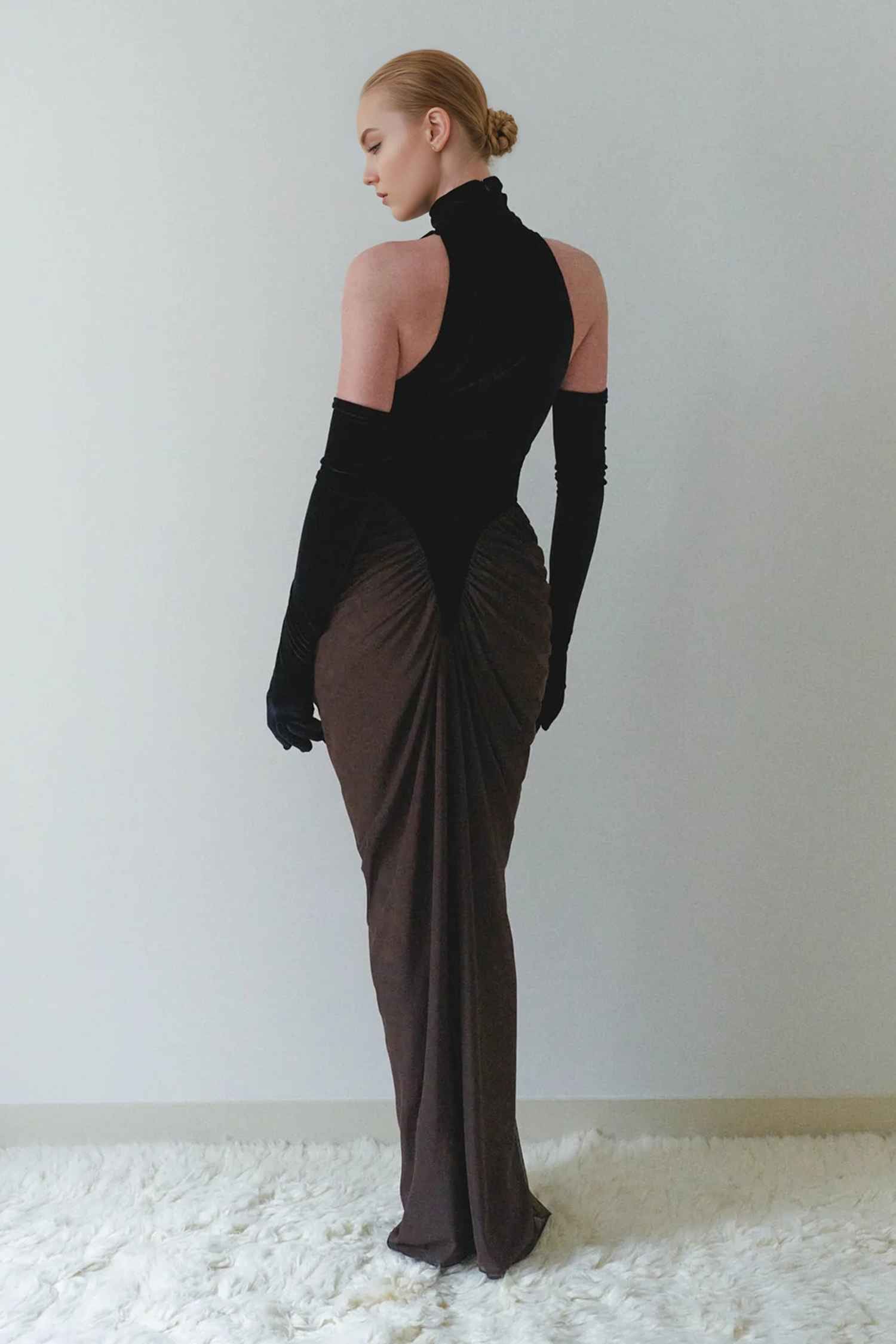 Black Velvet and Brown Mesh Ruched Maxi Dress Dress