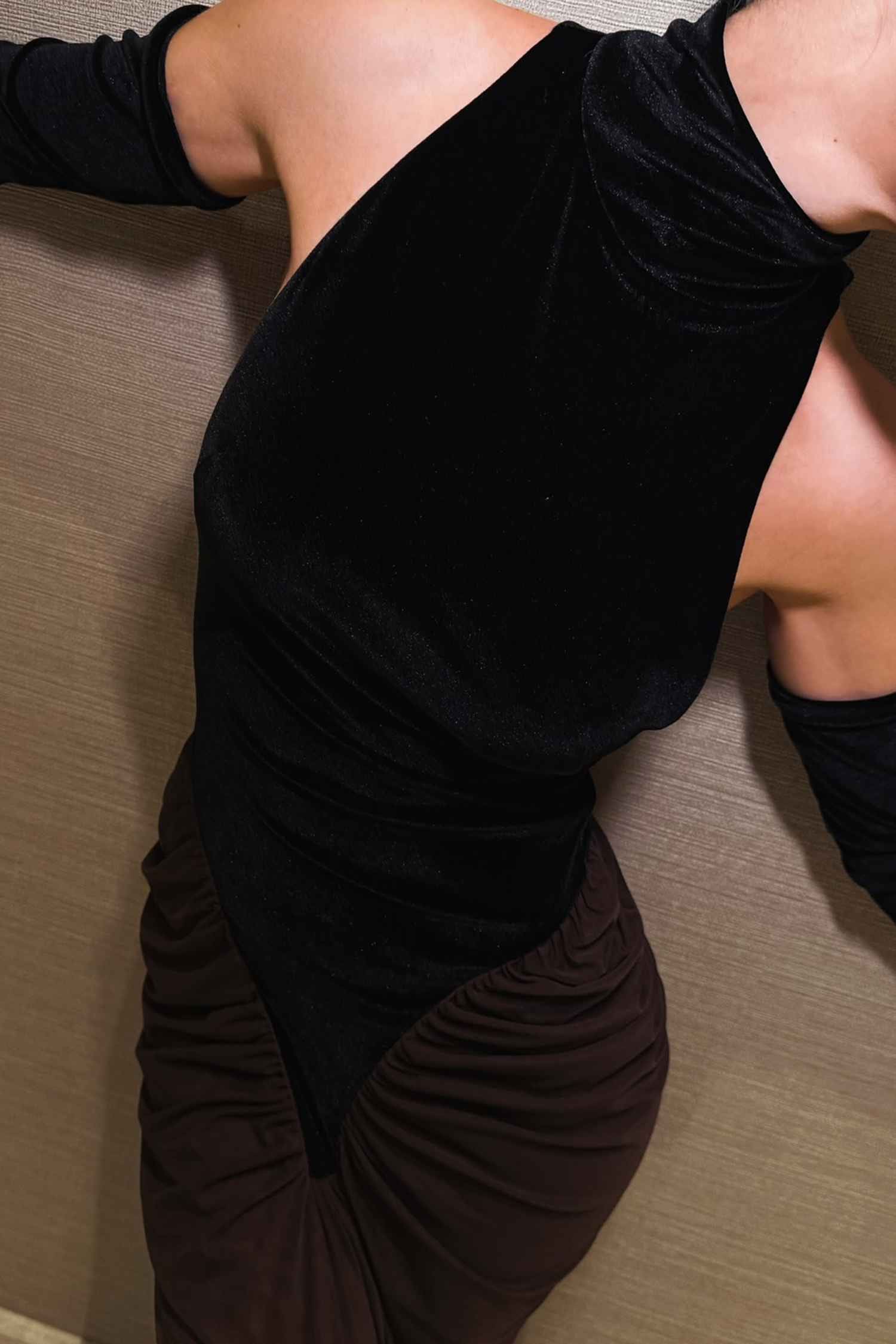 Black Velvet and Brown Mesh Ruched Maxi Dress Dress