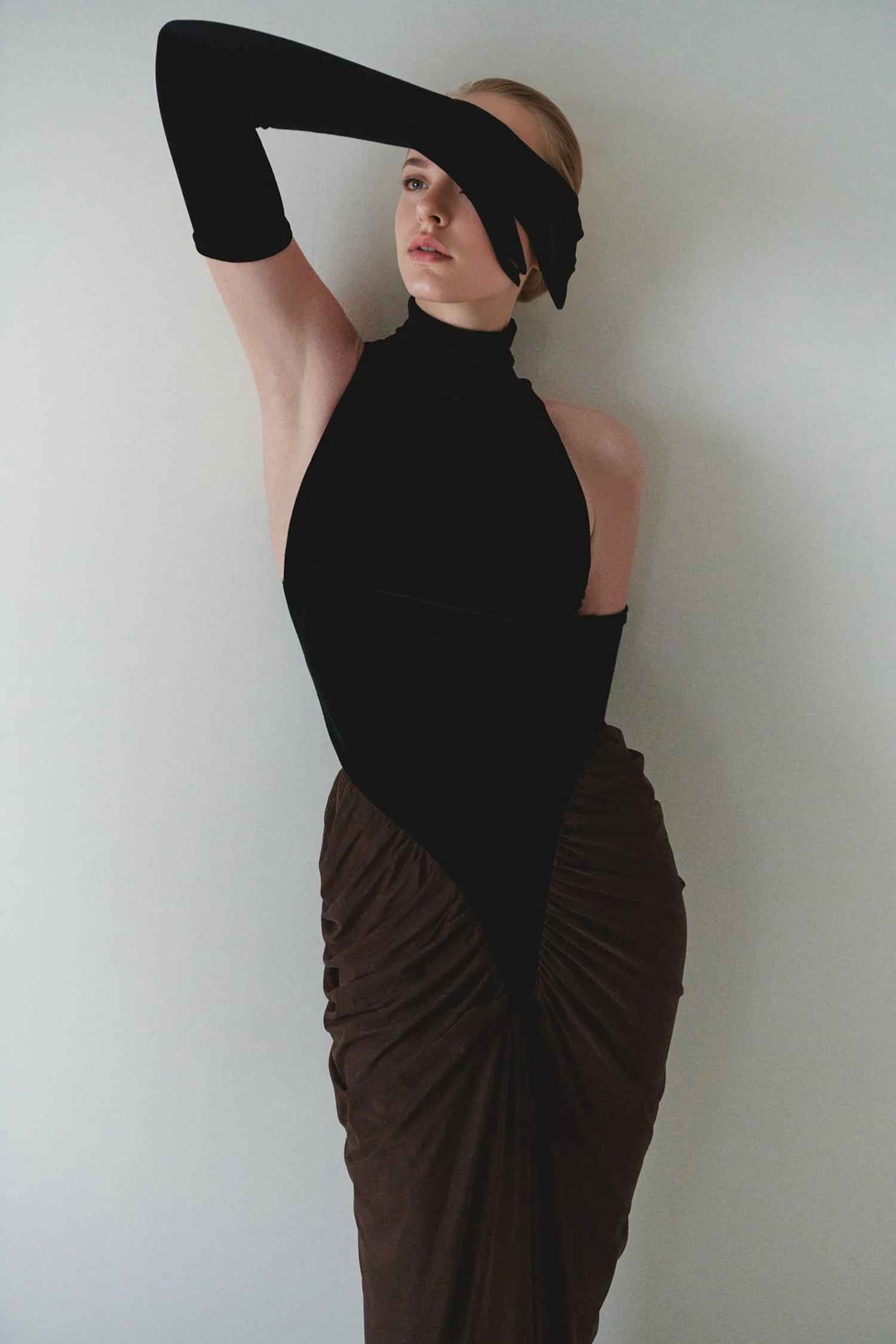 Black Velvet and Brown Mesh Ruched Maxi Dress Dress