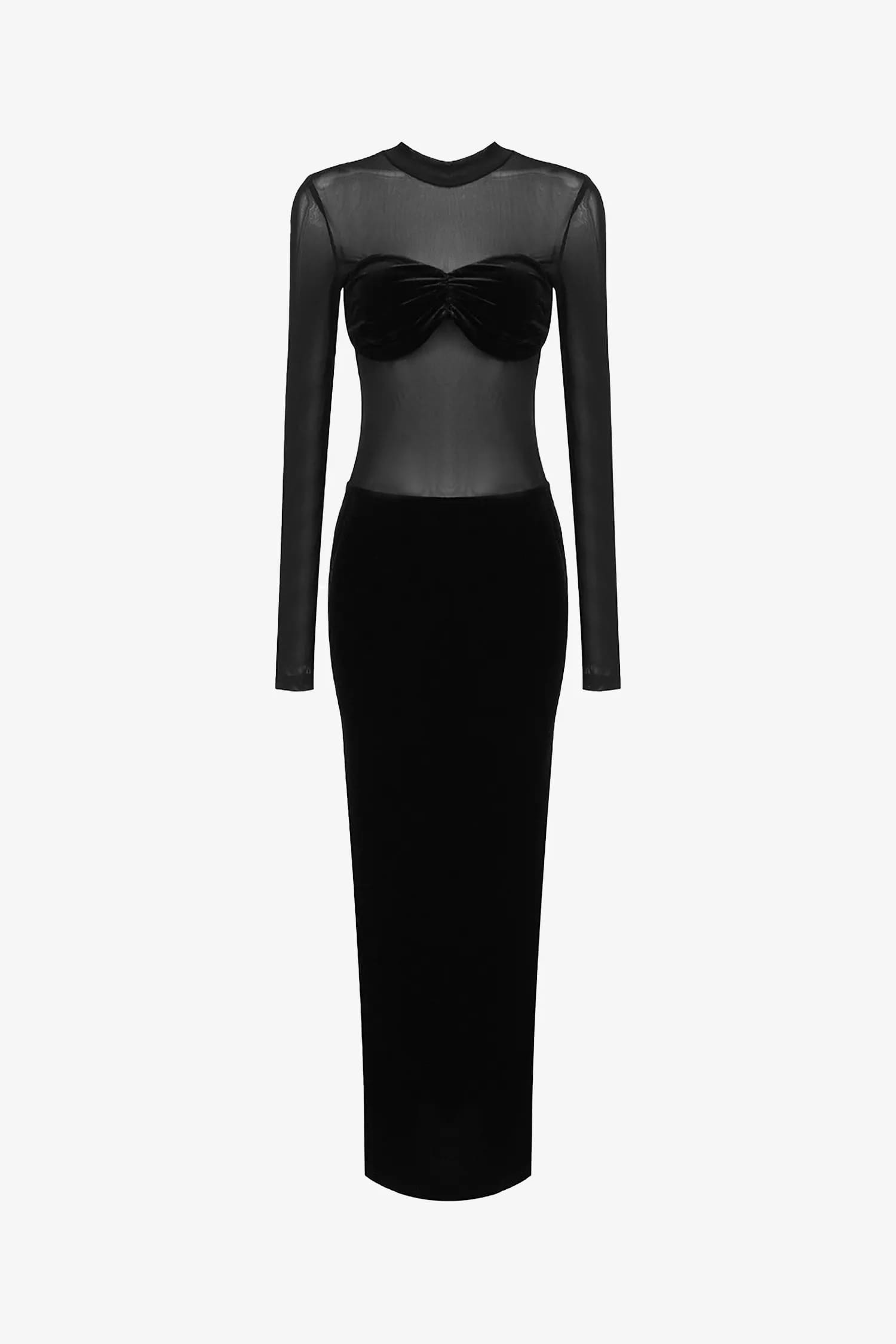 Black Velvet Mesh Long Sleeve Midi Dress