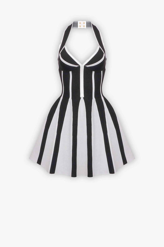Black & White Striped Halter A-Line Mini Dress Dress