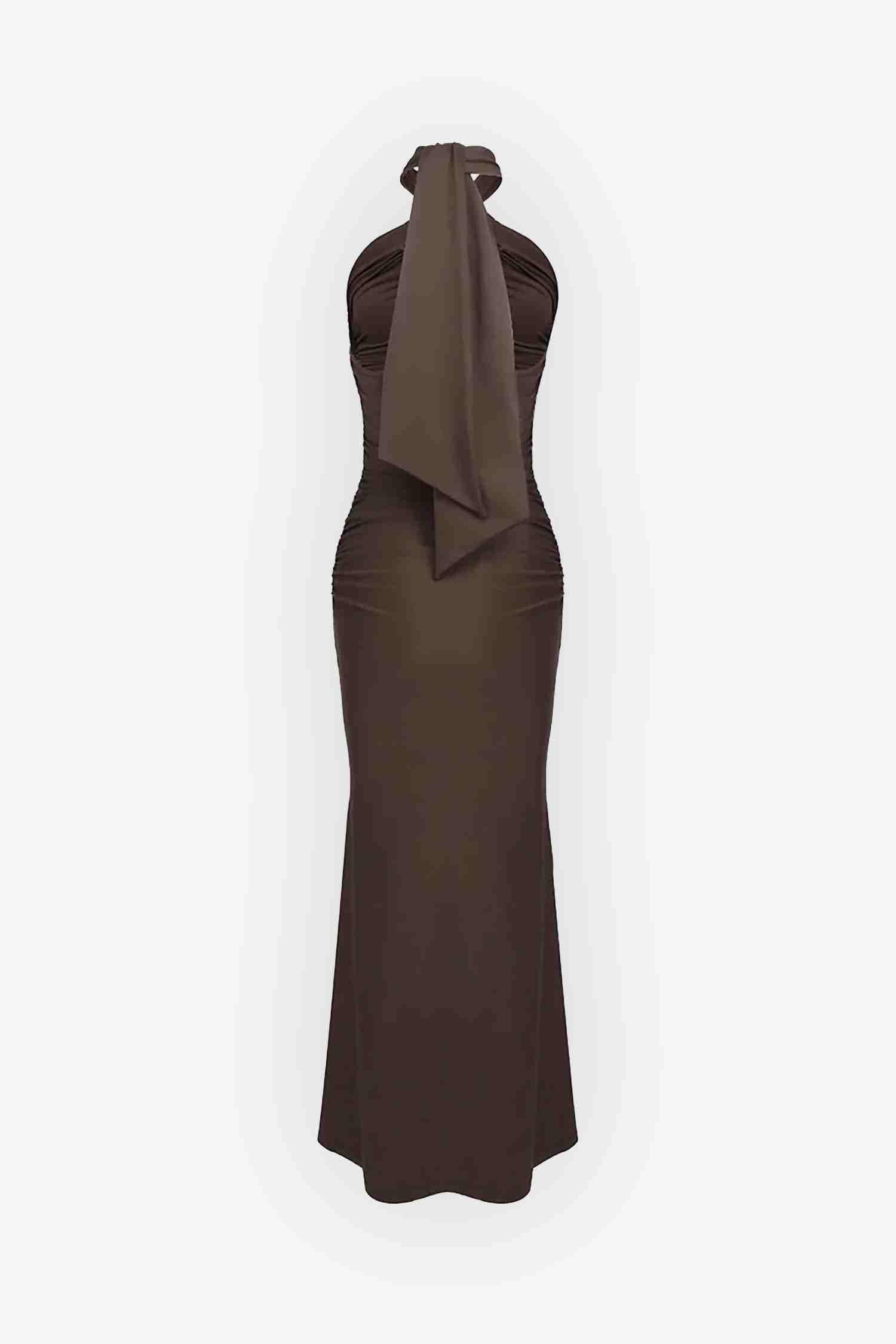 Brown Halter Crisscross Cutout Ruched Bodycon Maxi Dress Dress