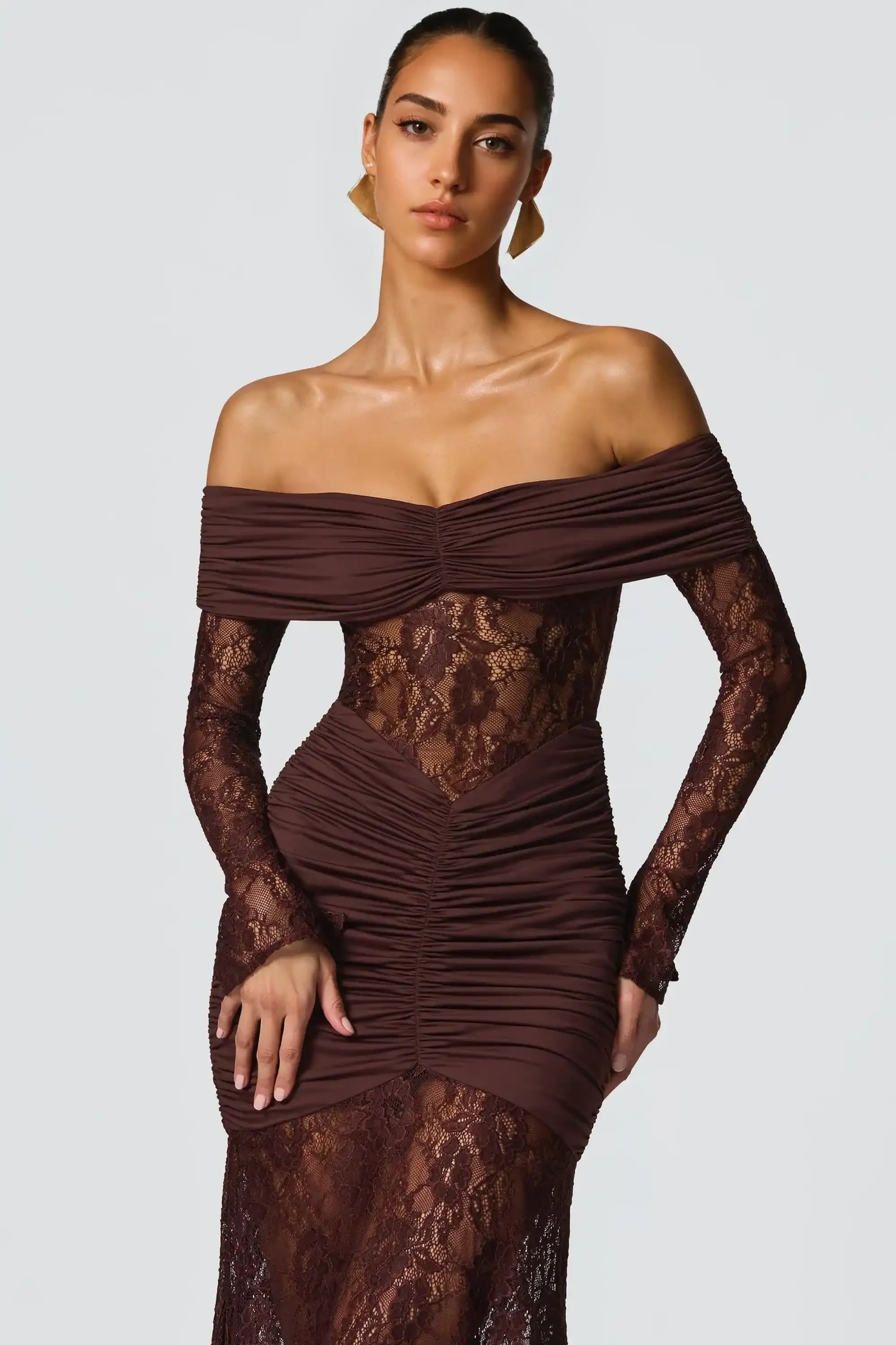 Brown Off The Shoulder Lace Long Sleeve Mermaid Dress Dress