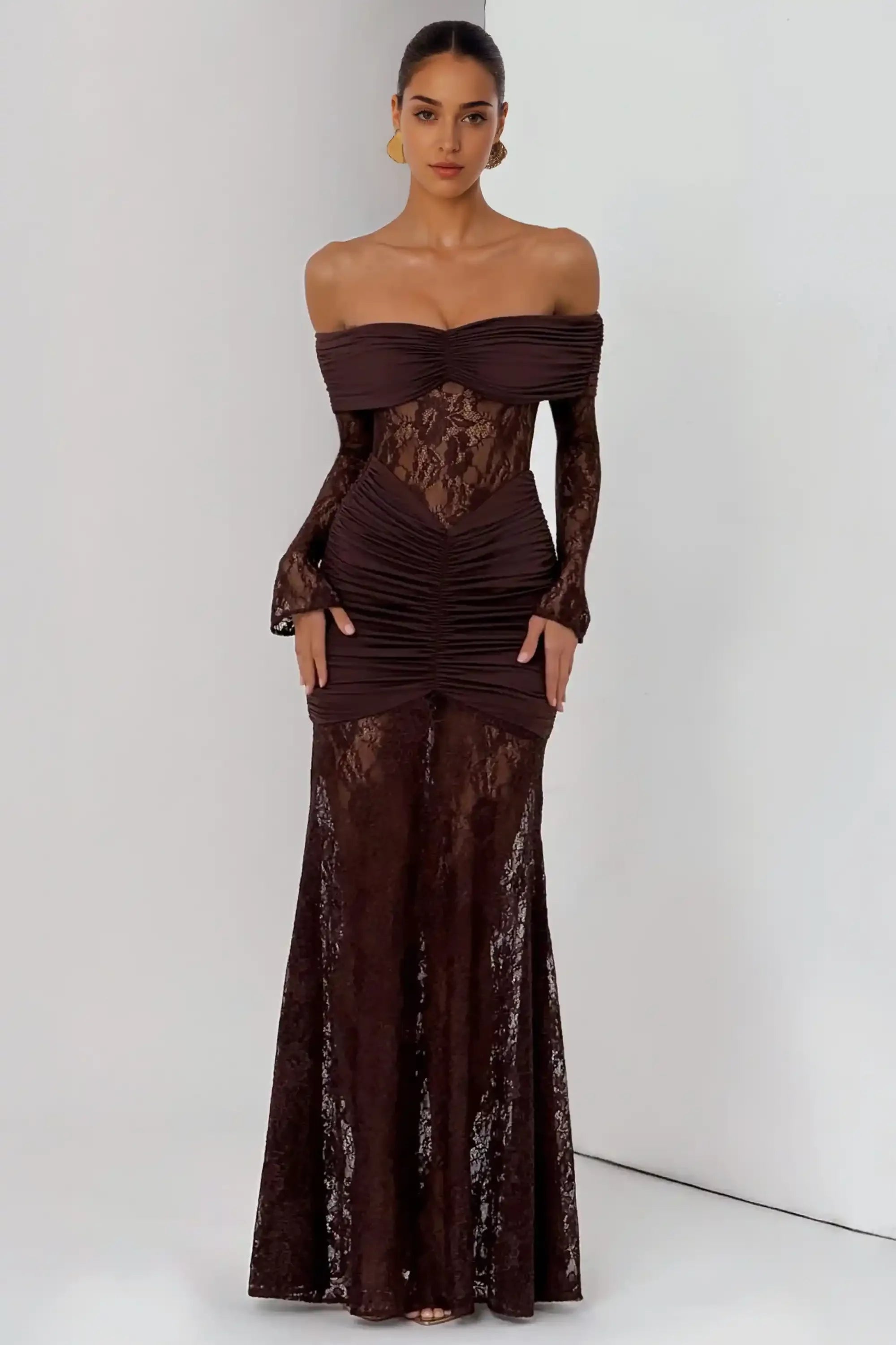 Brown Off The Shoulder Lace Long Sleeve Mermaid Dress Dress
