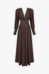 Brown V-Neck Maxi Dress with Belted Waist and Puffed Sleeves Dress