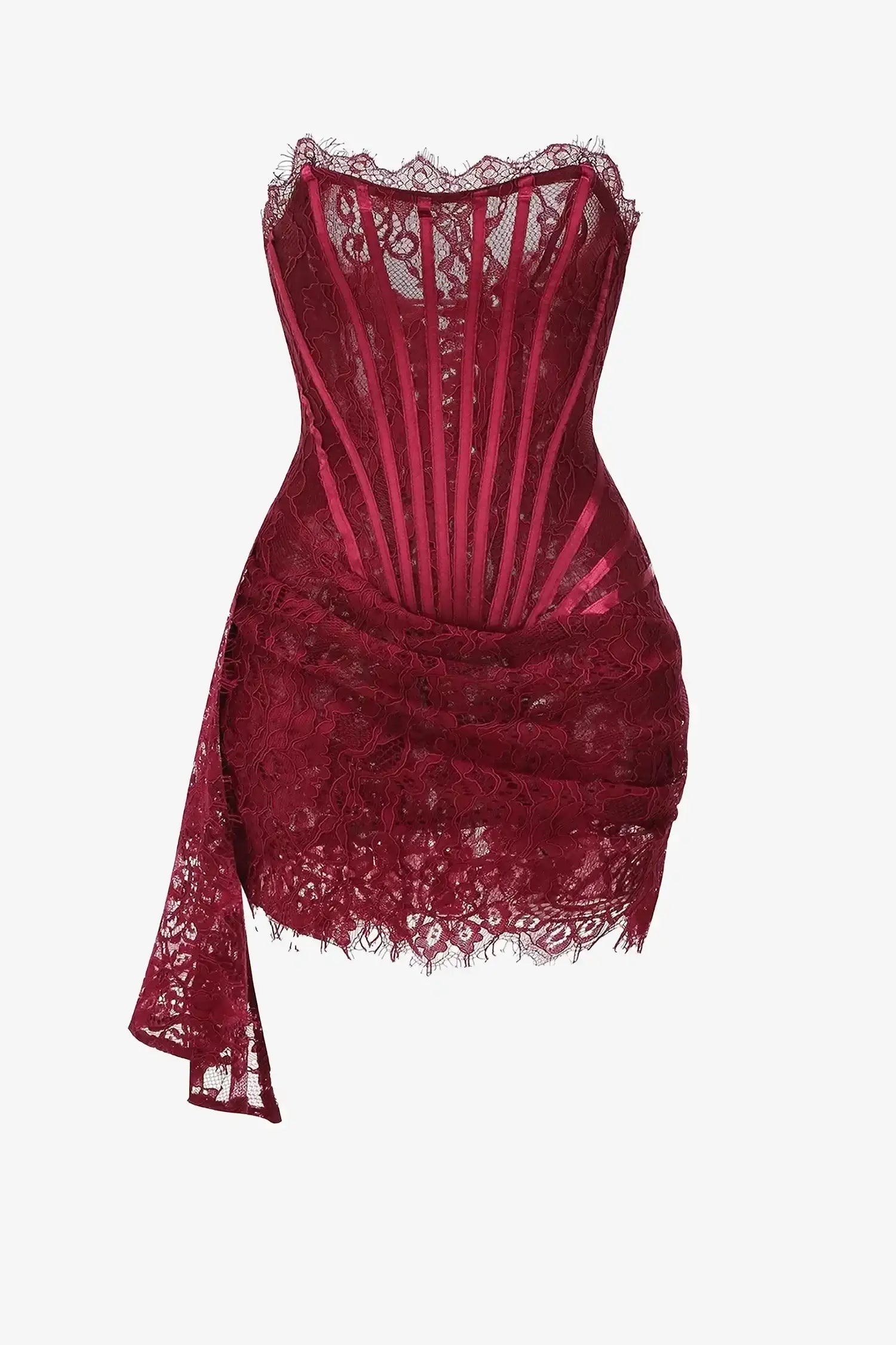 Burgundy Lace Overlay Bustier Mini Dress Dress
