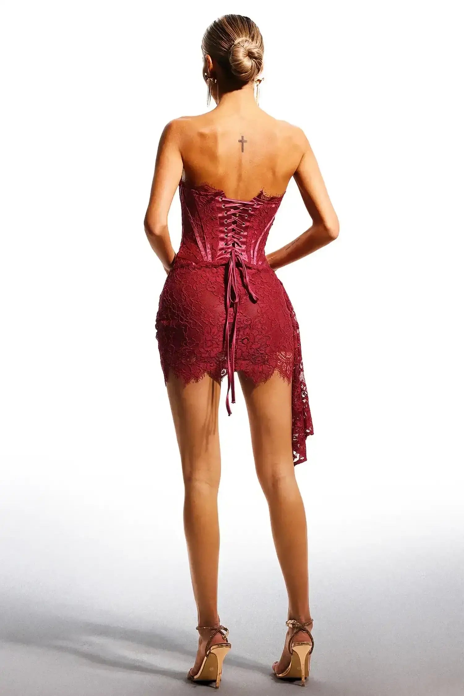 Burgundy Lace Overlay Bustier Mini Dress Dress