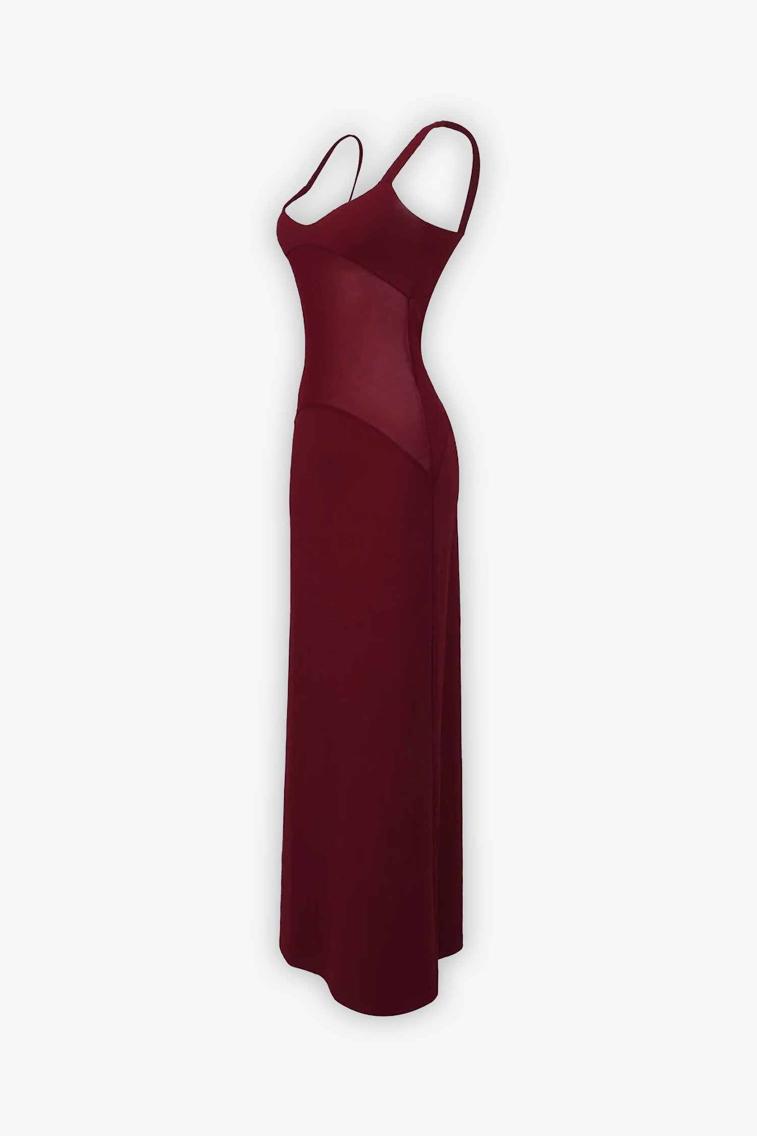 Burgundy Mesh Panel Sleeveless Maxi Dress Dress