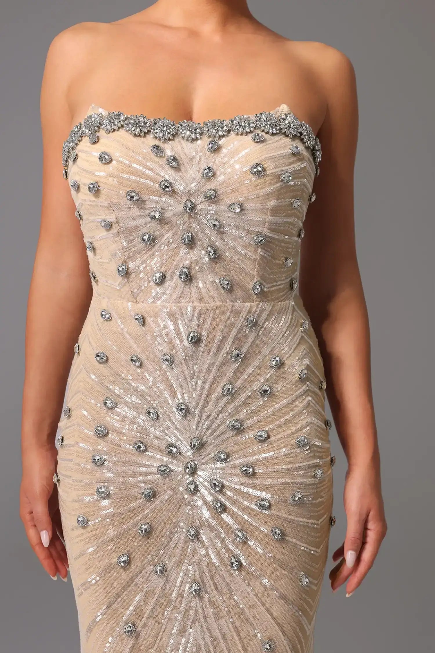 Champagne Strapless Crystal Embellished Sequin Mermaid Dress Dress