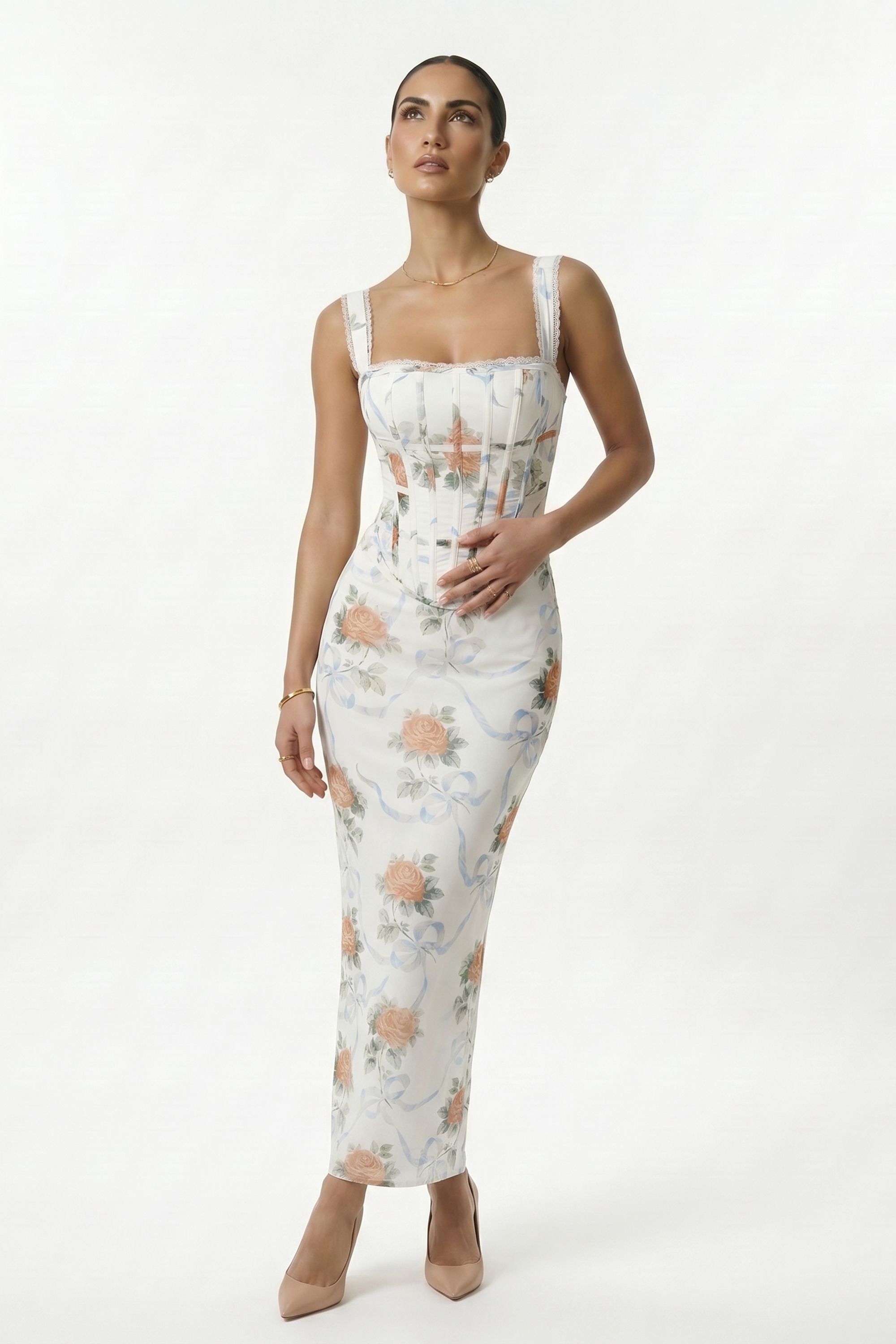 Cream Floral Print Lace Up Corset Maxi Dress - Floral / Dress