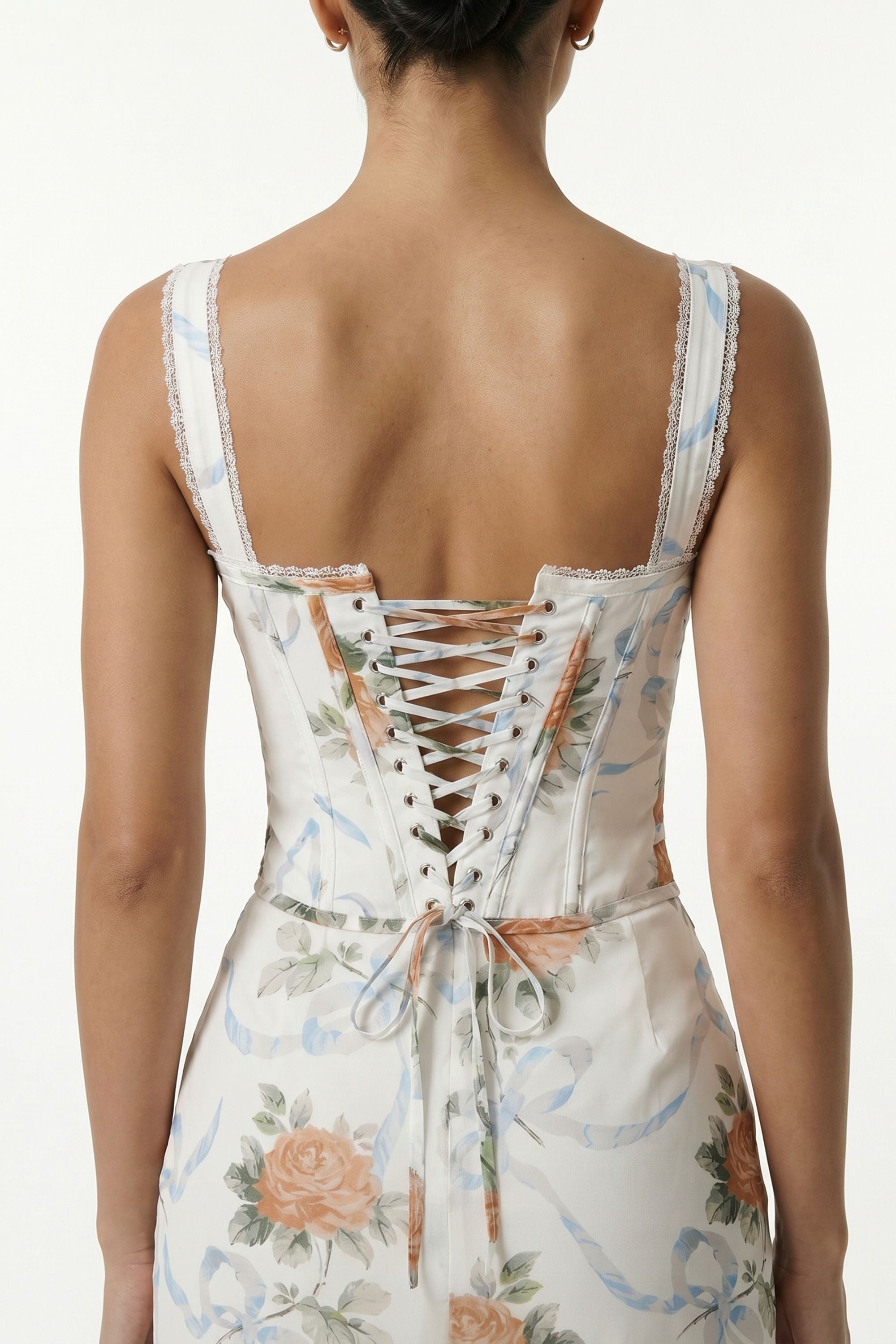 Cream Floral Print Lace Up Corset Maxi Dress - Dress
