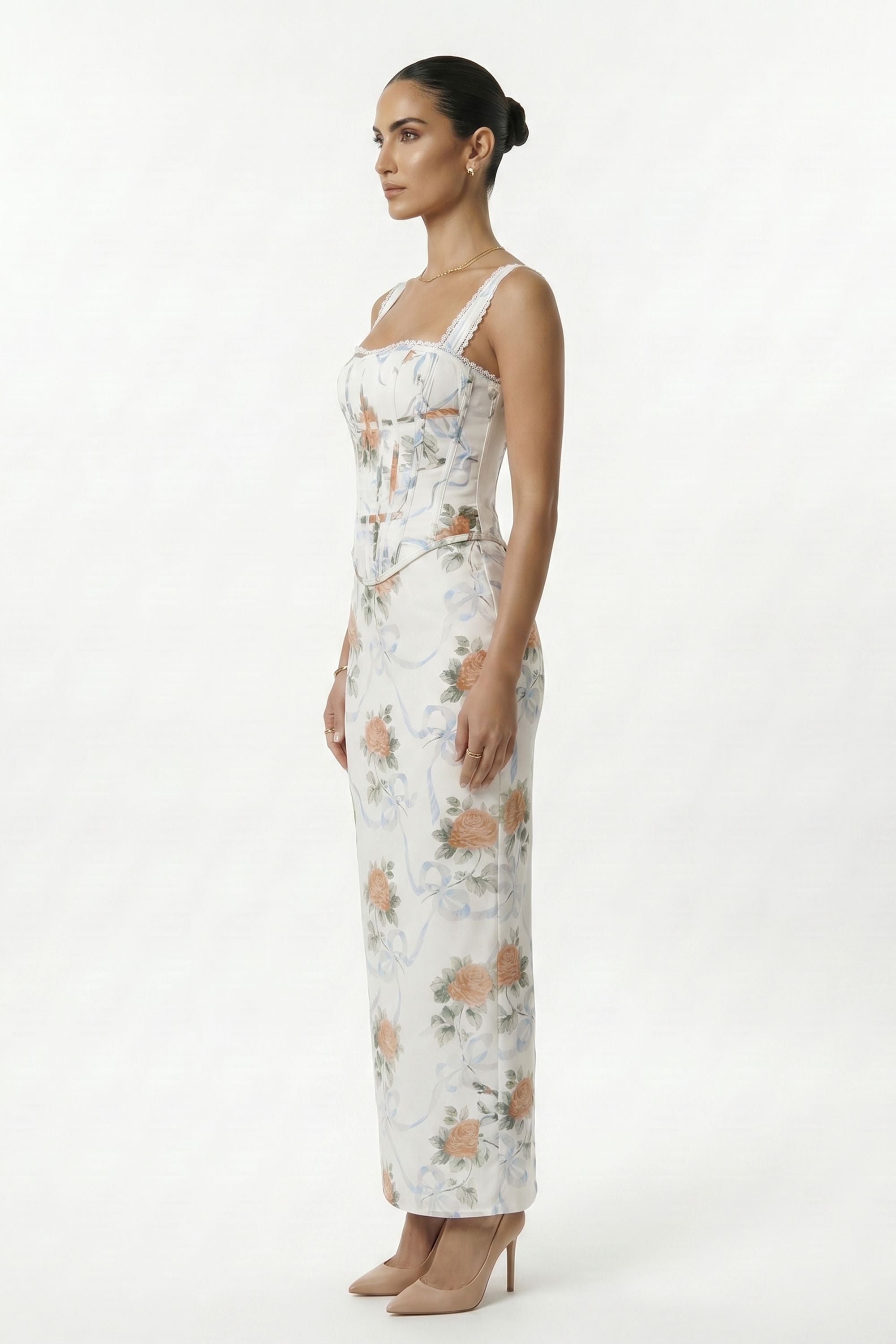 Cream Floral Print Lace Up Corset Maxi Dress - Dress