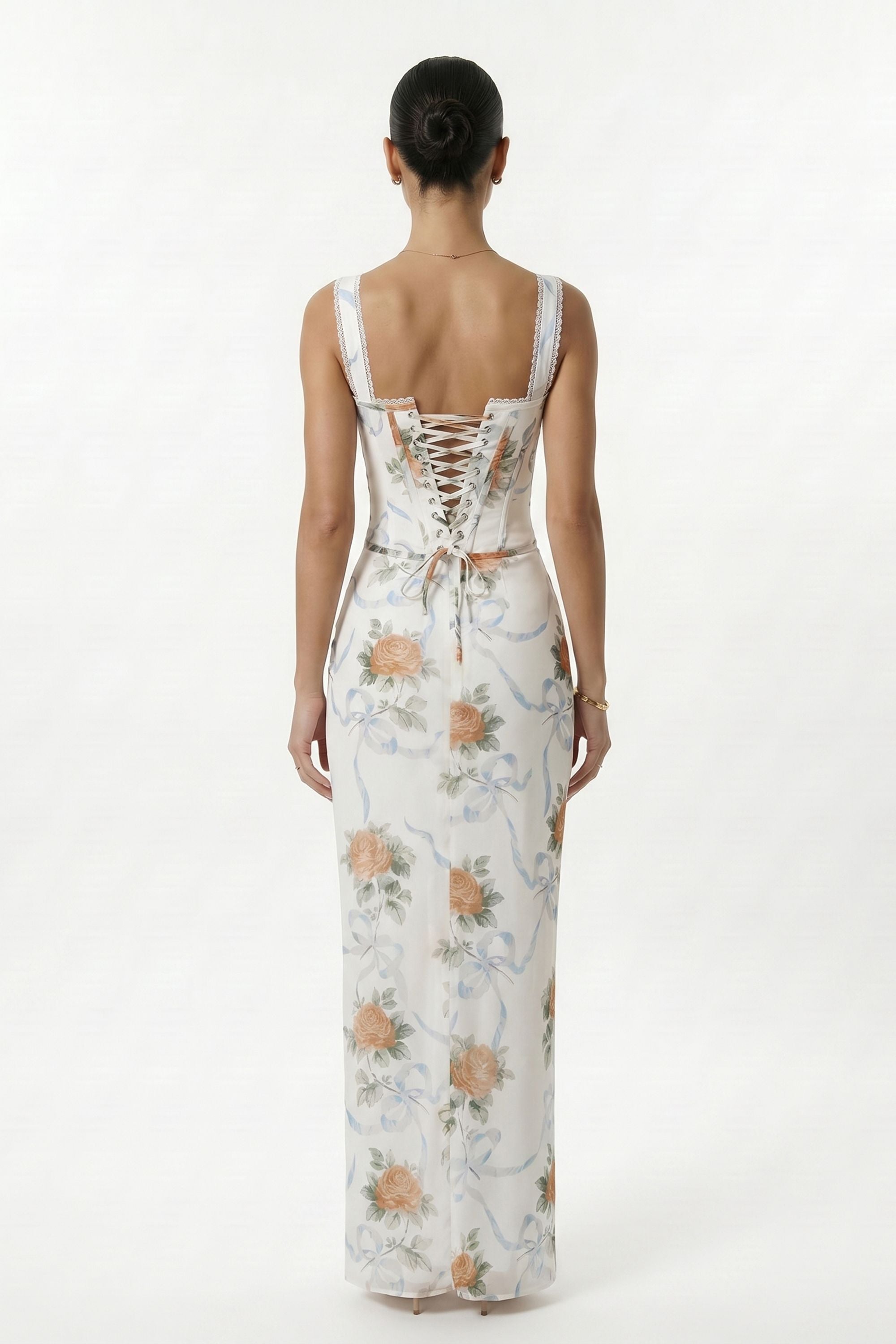 Cream Floral Print Lace Up Corset Maxi Dress - Dress