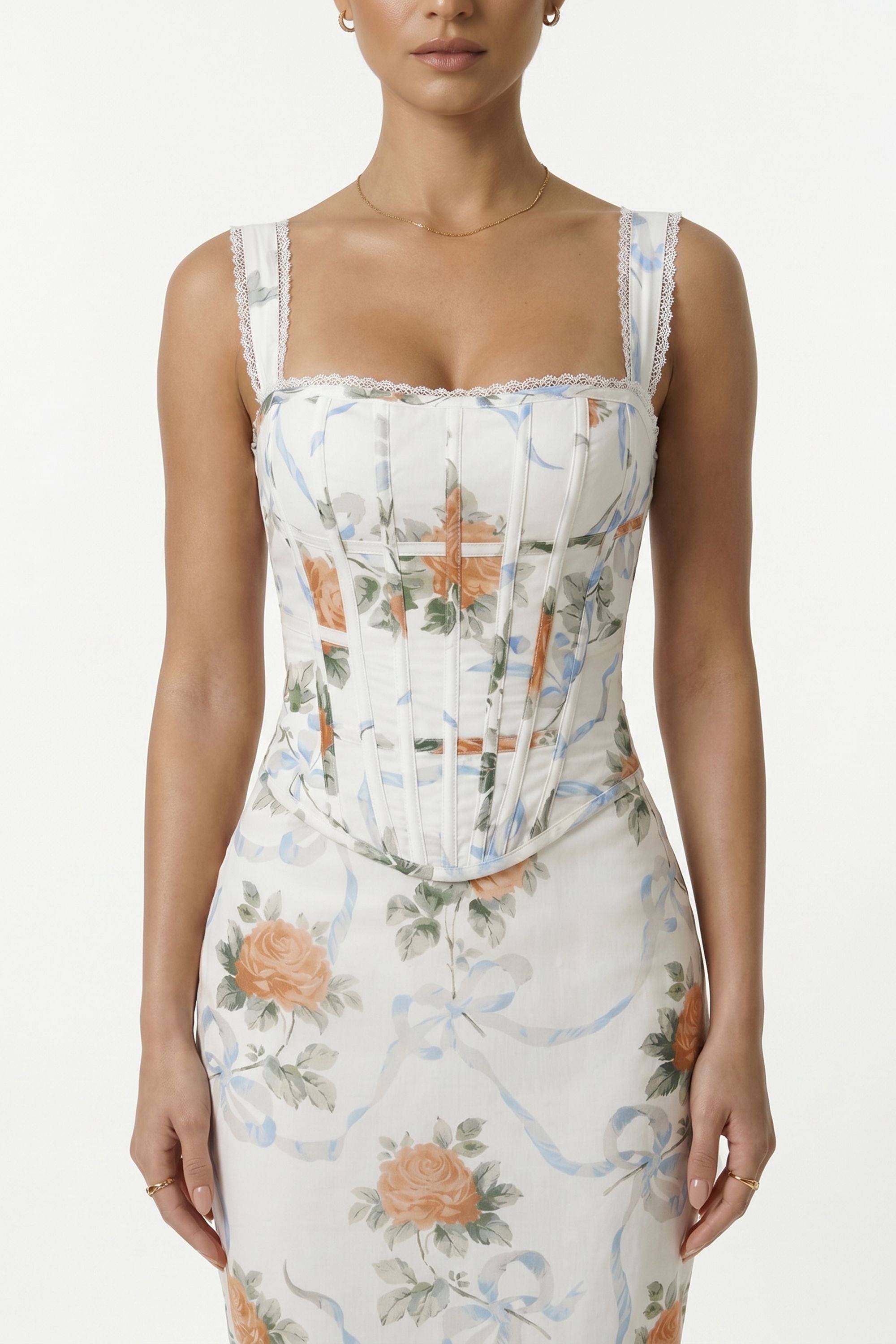 Cream Floral Print Lace Up Corset Maxi Dress - Dress