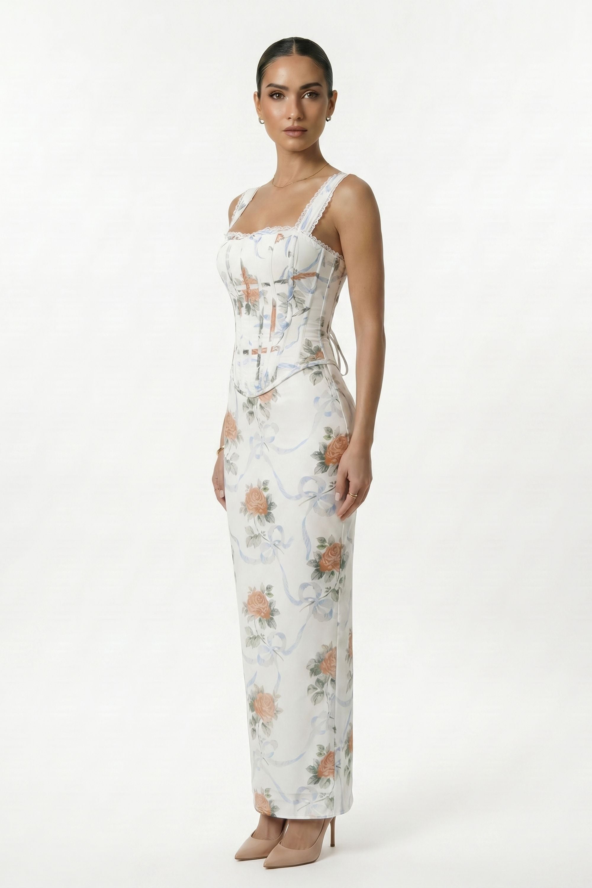 Cream Floral Print Lace Up Corset Maxi Dress - Dress