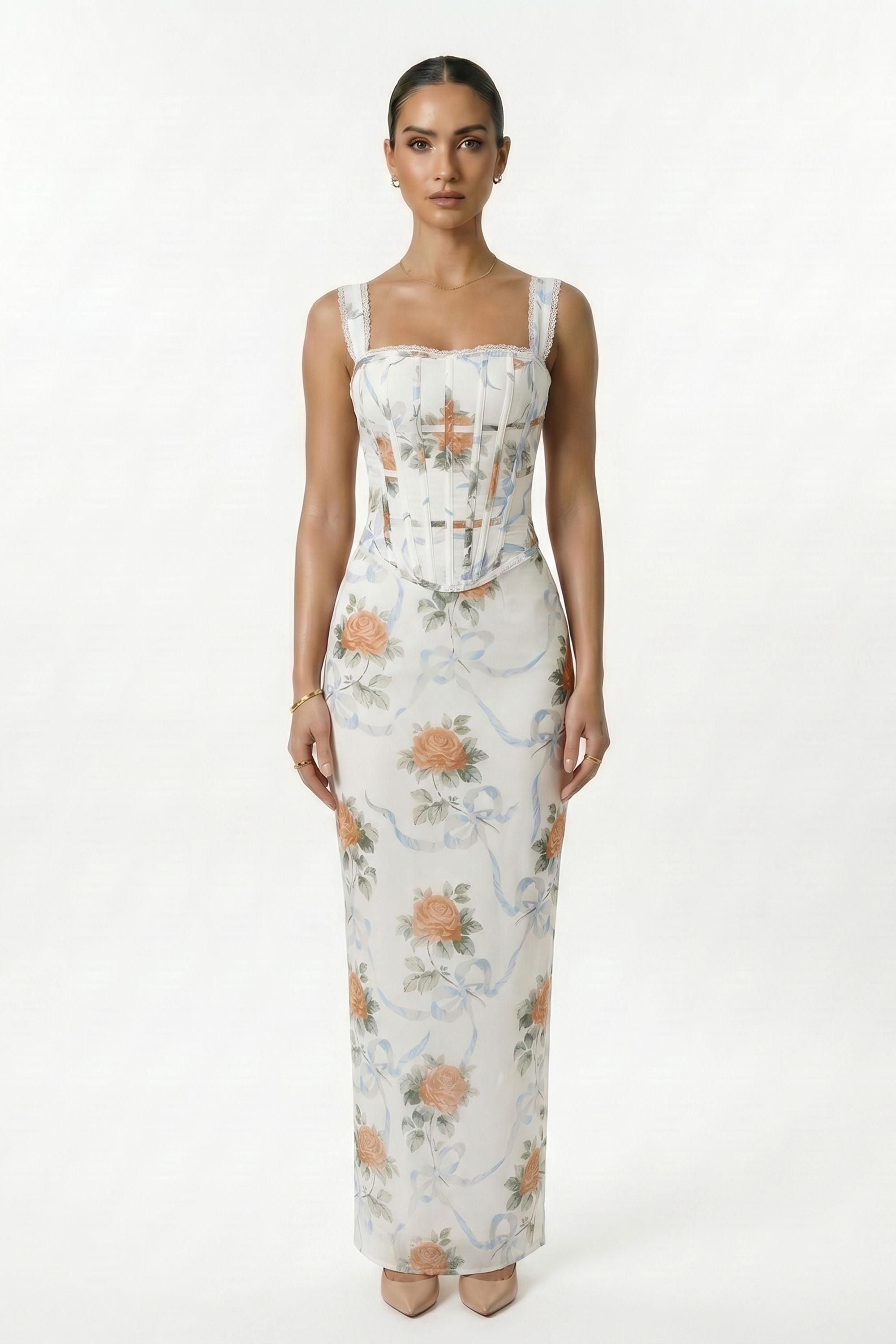 Cream Floral Print Lace Up Corset Maxi Dress - Dress