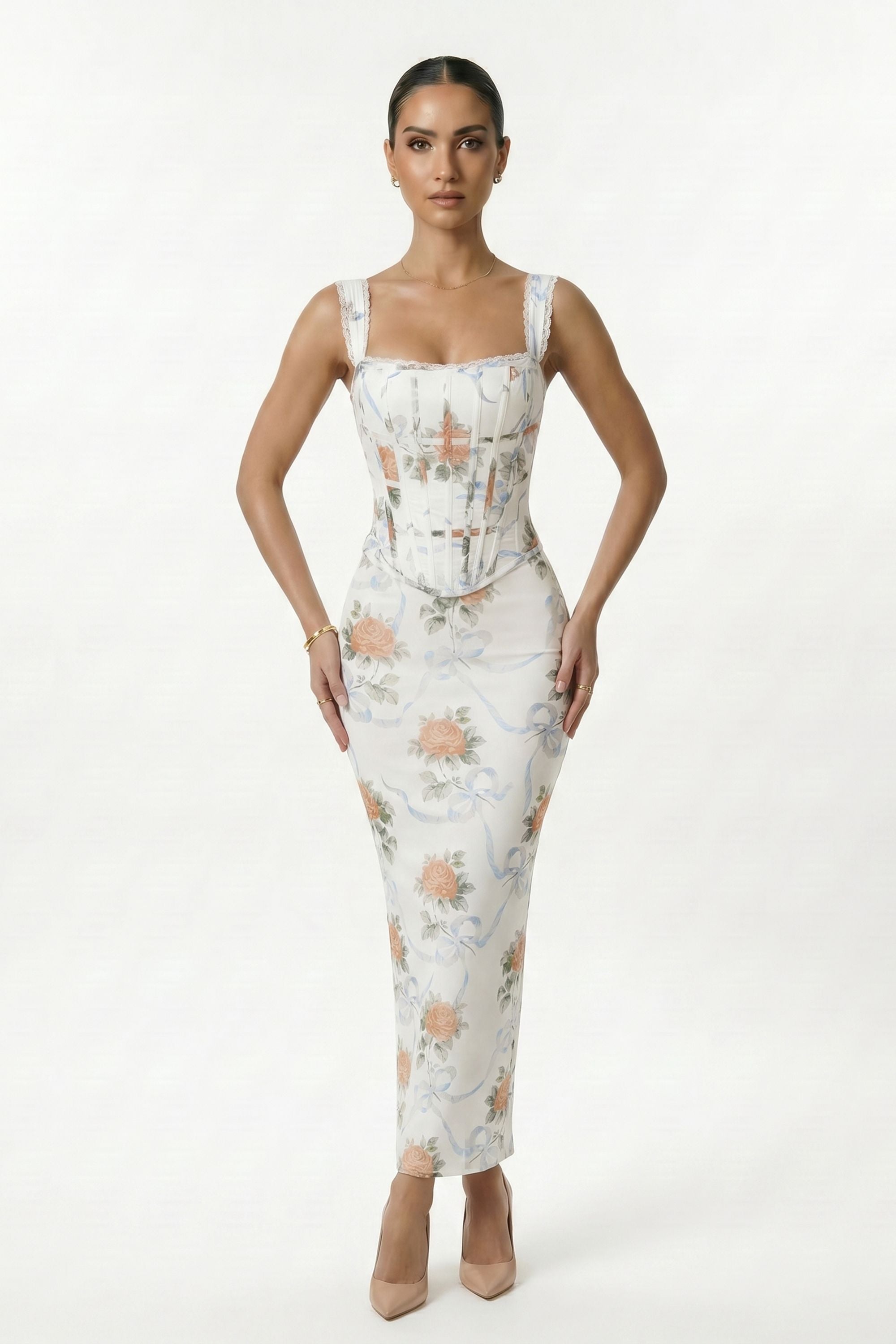 Cream Floral Print Lace Up Corset Maxi Dress - Dress