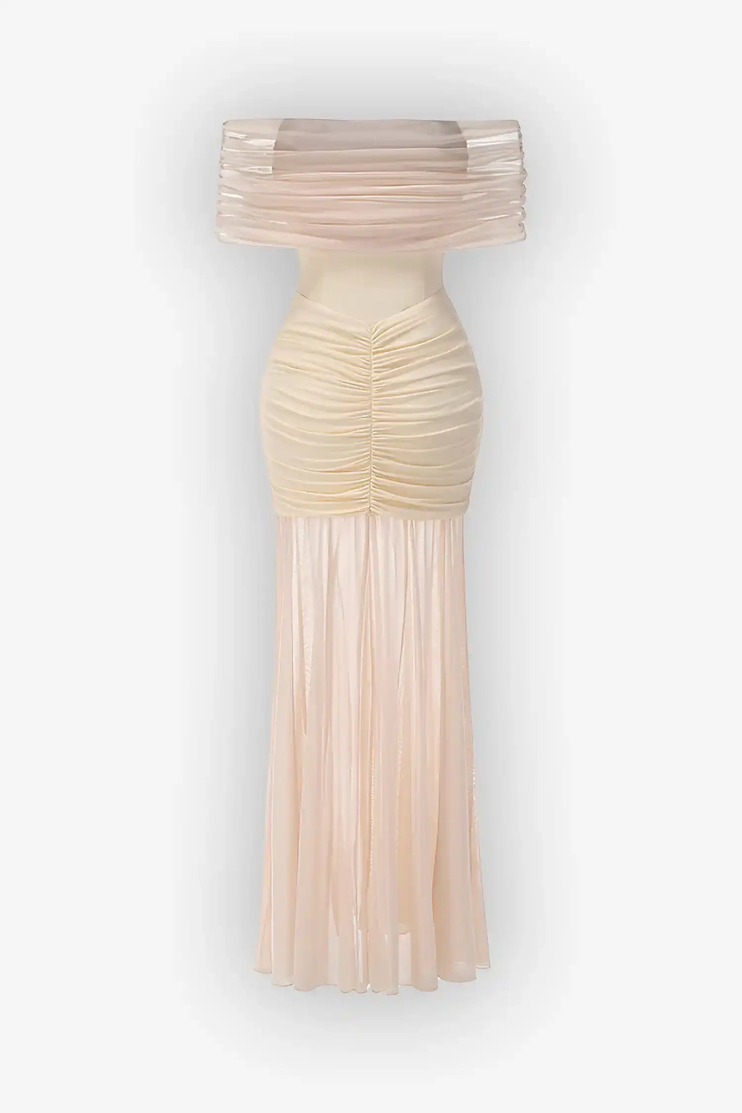 Cream Off Shoulder Ruched Sheer Maxi Dress Dress