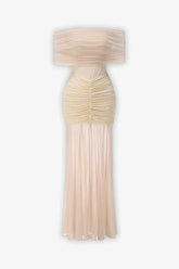 Cream Off Shoulder Ruched Sheer Maxi Dress Dress