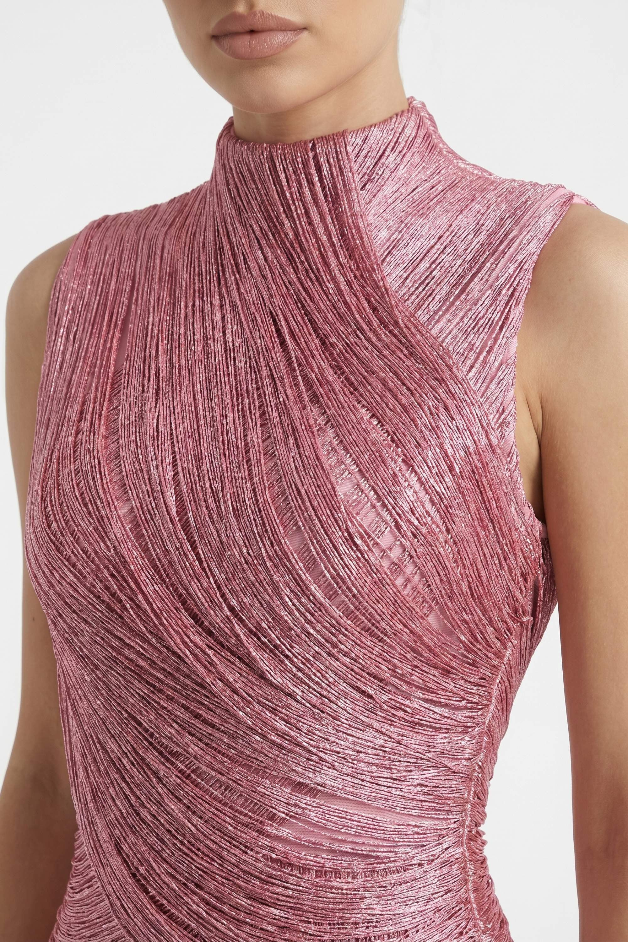 Dusty Rose High Neck Fringe Maxi Dress - Dress