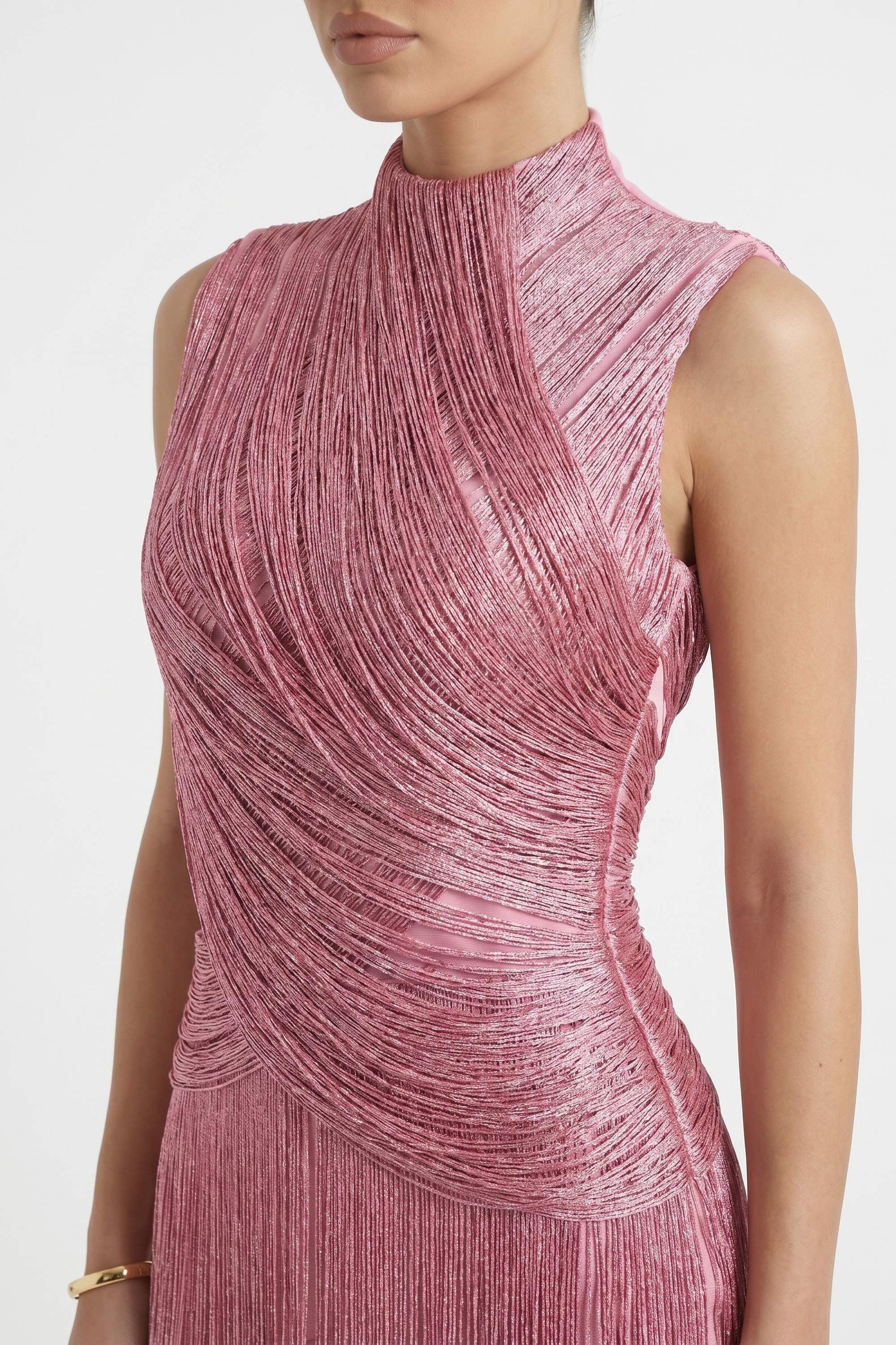 Dusty Rose High Neck Fringe Maxi Dress - Dress