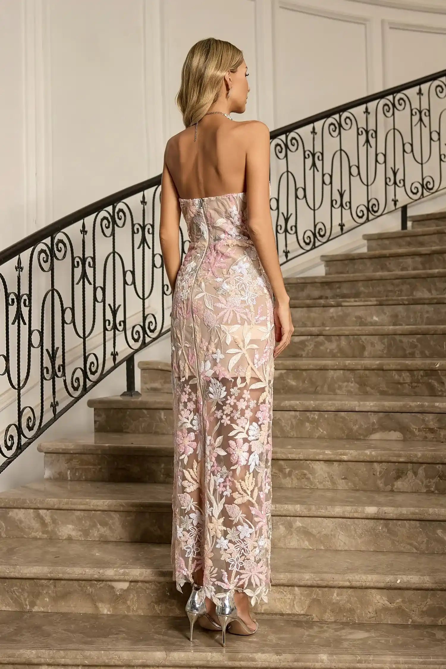 Elegant strapless sheer maxi dress with pink floral sequin details, perfect for prom, yacht parties, and club nights