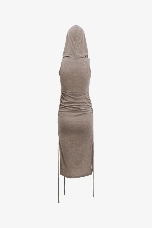 Hooded Khaki Sleeveless Midi Dress With Double Slit