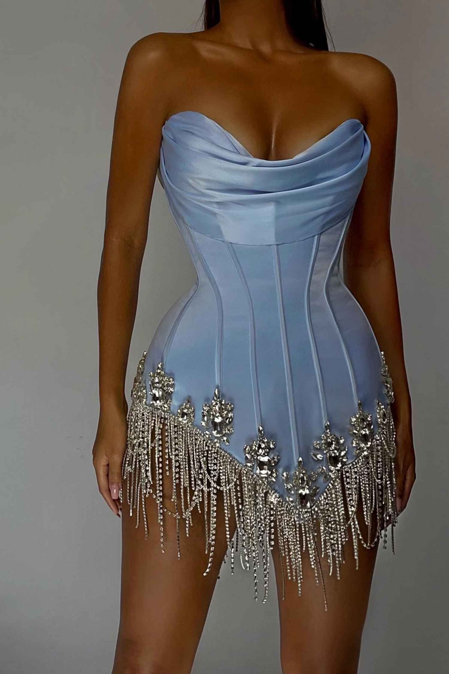 Light Blue Strapless Tassel Rhinestone Mini Dress Dress
